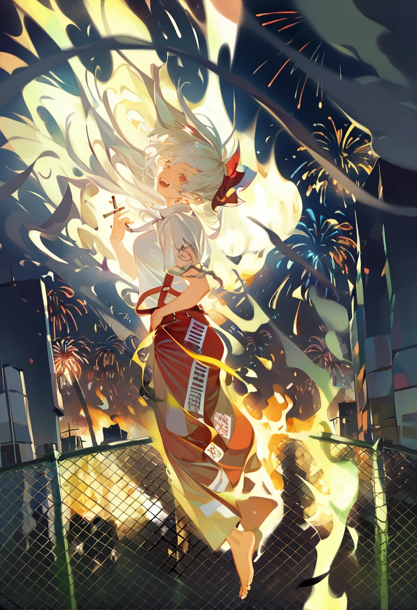 score_9, score_8_up, score_7_up, score_6_up <lora:reiXL_AutC_lokr_V43P1:0.95> 1girl, fujiwara no mokou, solo, red pants, fire, shirt, bow, hair bow, pants, white shirt, fence, ofuda, suspenders, long hair, open mouth, red bow, red eyes, night, white hair, smile, fireworks, ofuda on clothes, looking at viewer, smoke, short sleeves, baggy pants, cigarette, full body, tattoo, outdoors, pyrokinesis, building, from side, burning, torn sleeves, holding, white bow, floating hair, dated, barefoot, teeth, night sky, collared shirt, :d, shoes, chain-link fence
