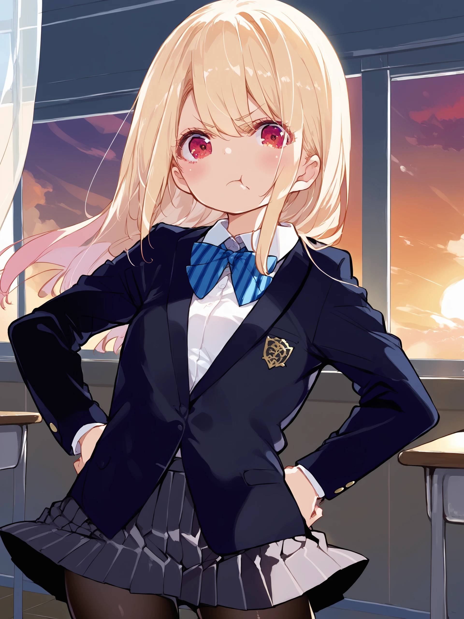 1girl, amane lily, solo, white shirt, collared shirt, pleated skirt, striped bowtie, blazer, black pantyhose, standing, cowboy shot, looking at viewer, pout, blush, hands on hips, sunset, classroom, window, backlighting, depth of field score_9, score_8_up, score_7_up, source_anime,  <lora:Char-AmaneLily-Pony-V1:1> small breasts