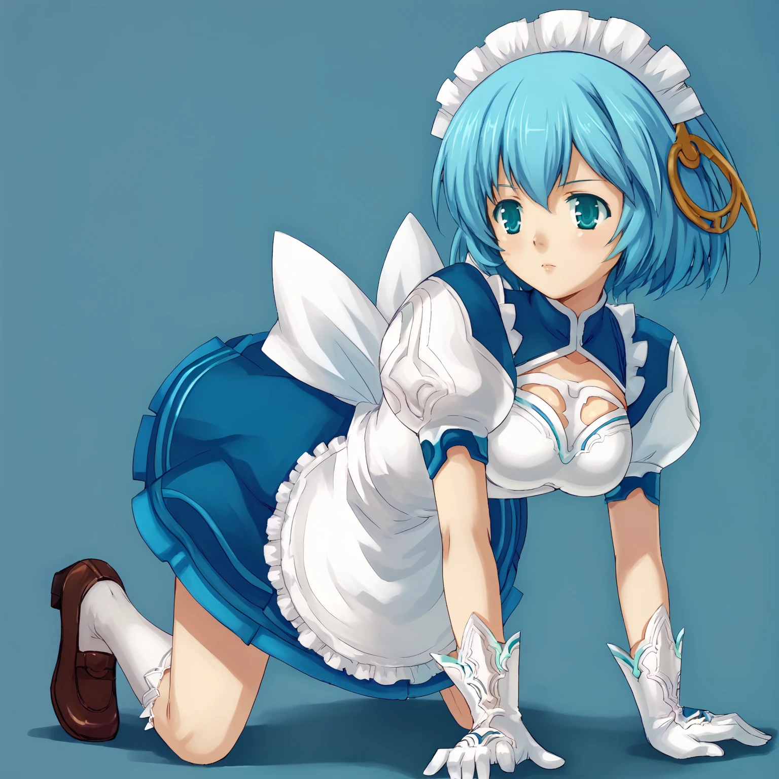 1girl, solo, on all fours, simple background <lora:WhimXLpony:1> Whim, aqua eyes, aqua hair, short hair, hair ornaments, big breasts, maid apron, blue trim, maid headdress, puffy sleeves, gloves, white socks, brown shoes