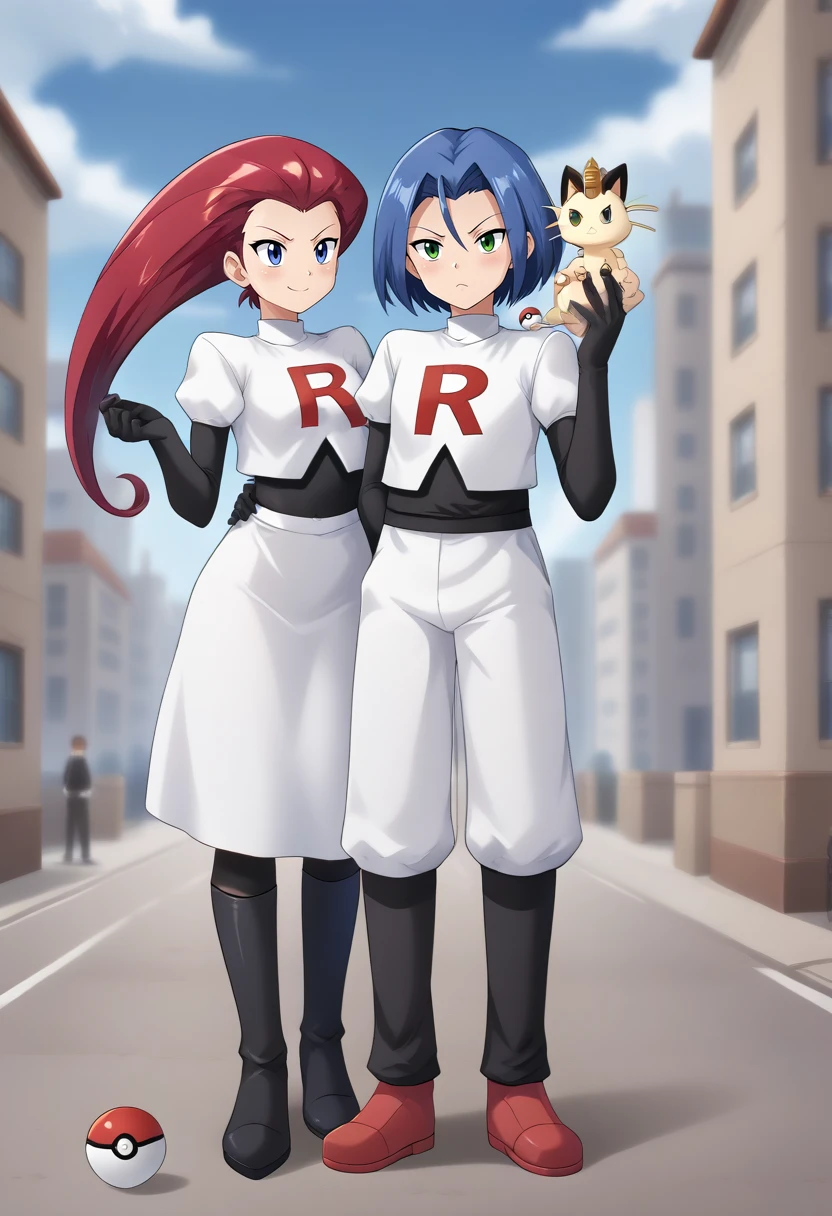 1girl, 1boy, Jessie, James, blue hair, red hair, Meowth, Pokémon, Team Rocket uniform, standing, dynamic pose, full body, alleyway, city, daytime, holding pokeball, basic pokeball, clouds, white uniform, black boots, white skirt, miniskirt, black gloves, elbow gloves  <lora:SDXL_Hyper:1> <lora:Timm_Style_XL:0.8> <lora:breasts++-PD-swooping-1.0:1>  <lora:Double_Double_Trouble_Trouble:1>