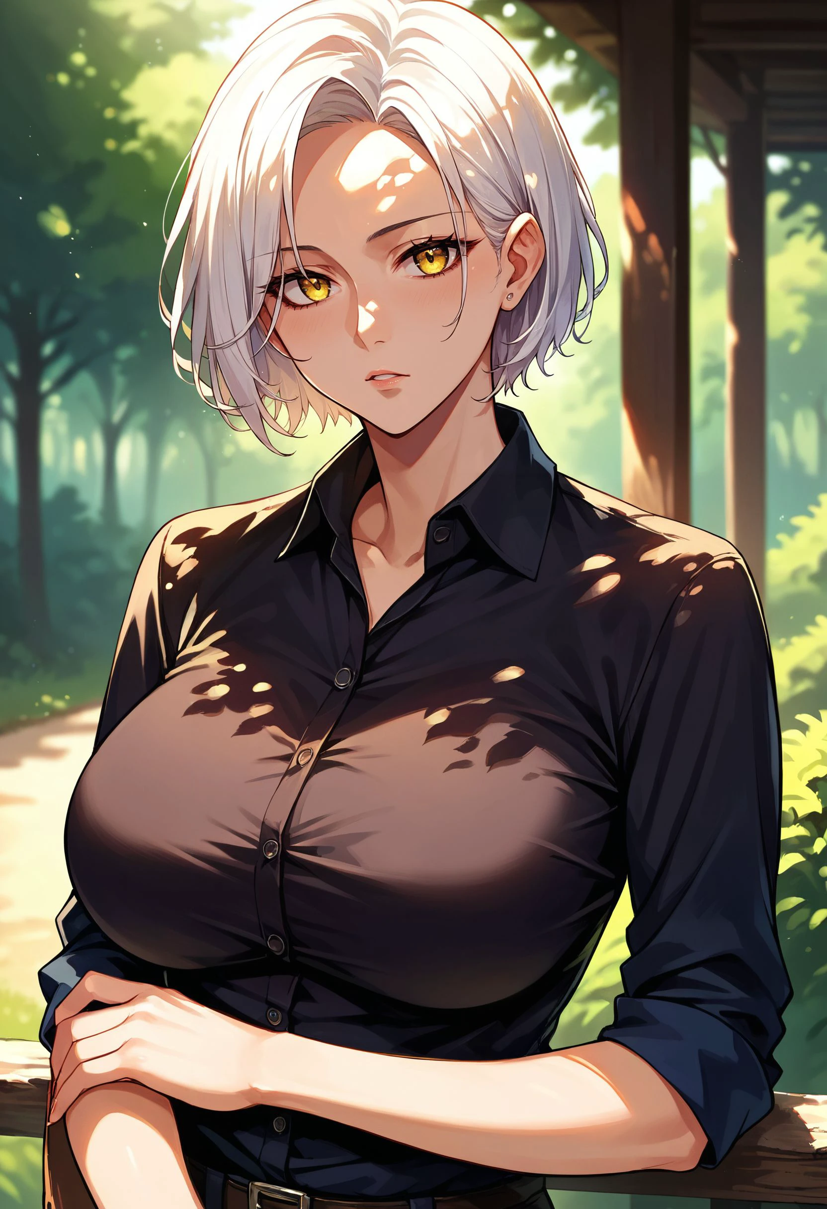 score_9,score_8_up,score_7_up,score_6_up, source_anime<lora:breasts_size_slider_pdxl_goofy:3> 1girl, breasts, dappled sunlight, forehead, white hair, small breasts, short hair, parted lips, outdoors, polo shirt, solo, sunlight, black shirt, yellow eyes
