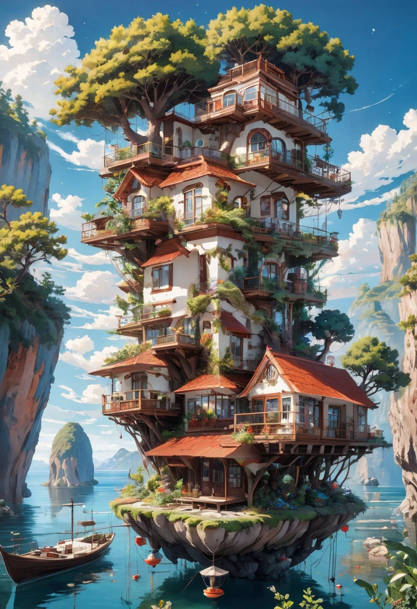 the image showcases a whimsical and intricately designed house that appears to be floating above the water. the house has multiple levels, with a prominent red-tiled roof, multiple windows, and various decorative elements. there are antennas, a satellite dish, and other technological devices attached to the house. the house is surrounded by a deck with seating, plants, and a table. below the house, there's a large rock formation that supports the house. the backdrop is a serene blue sky with fluffy white clouds.