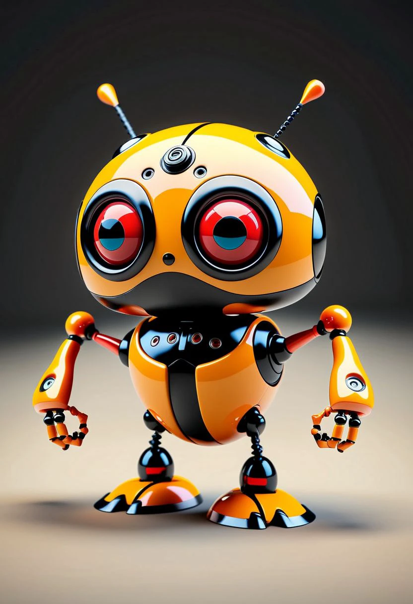 A cute robotic insect, designed with a playful and endearing appearance, resembling a blend of a ladybug and a mechanical drone. It has glossy, colorful wings with intricate patterns, small antennae, and expressive, large eyes. The body is sleek and metallic, with soft curves and a compact size. It's idealized for children's entertainment, with bright, pastel colors, friendly demeanor, cartoonish style, high detail, digital illustration, sci-fi, futuristic, toy-like, cute, adorable, small-scale, miniature, mechanical, artificial intelligence, advanced technology, 3D rendering, concept art, fan art, high resolution, print-ready, commercial use. <lora:Cute_Robots:1> cute robot, ziprealism