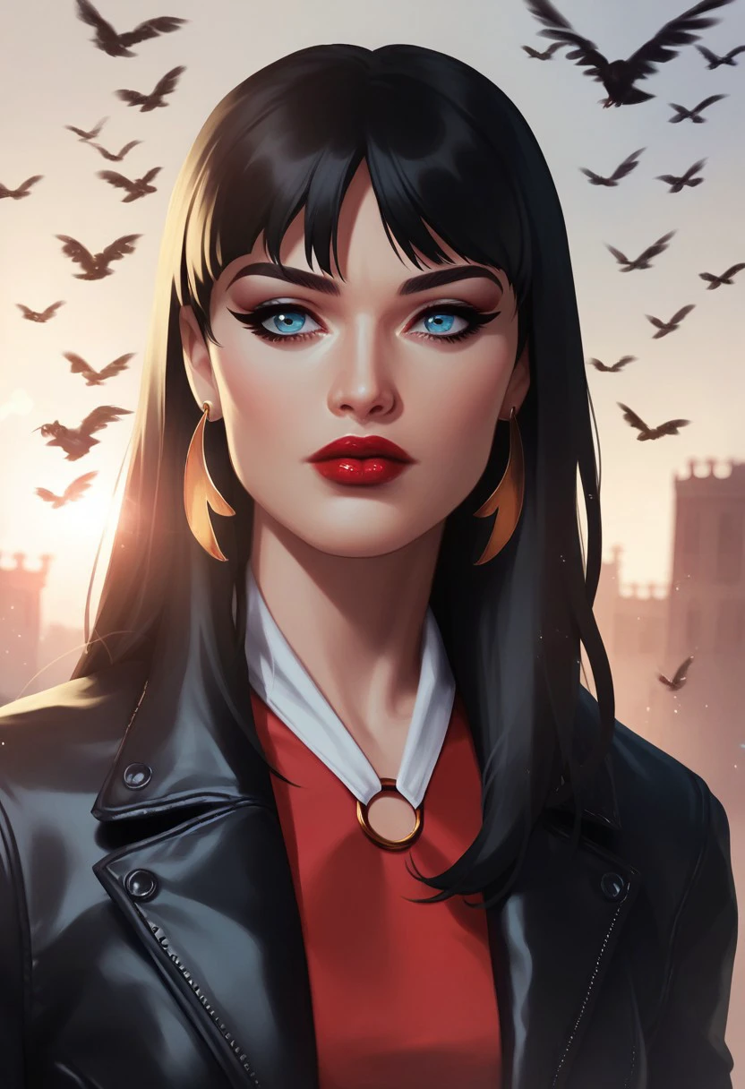 Vampirella, 1girl, solo, long hair,  blue eyes,  black hair, dress, leather jacket, red shirt, jewelry, earrings,  makeup, bird, lipstick, cinematic angle, cinematic lighting,  soft light BREAK ,score_9, score_8_up, score_7_up, score_6_up, score_5_up, score_4_up,