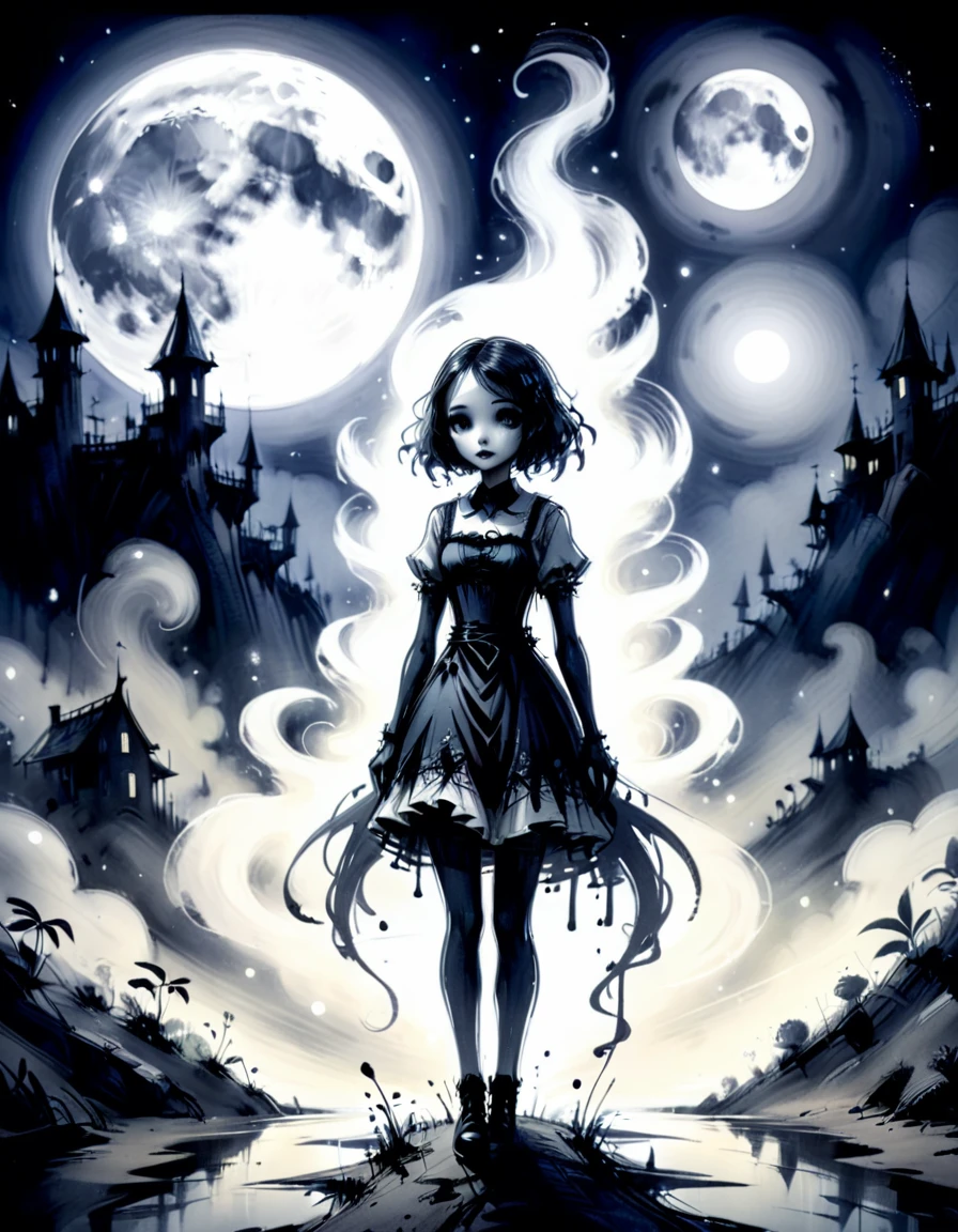 ink, pale whimsical female in a mysterious environment at night time, dust