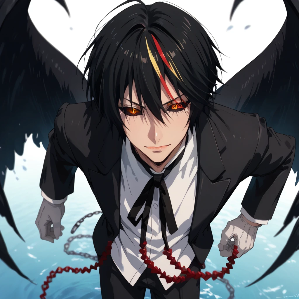 score_9, score_8,  score_7, score_6_up, score_5_up, from above, 1boy, male focus, solo, black hair, streaked hair, black sclera, multicolored hair, formal, suit, red hair, blonde hair, looking at viewer, shirt, necktie, white shirt, collared shirt, yellow eyes, black jacket, chain, gloves, pants, white gloves, wings, detailed eyes, (((close portrait, face focus))).
<lora:Sinozick_Style_XL_Pony:0.2>,  <lora:DefaultZ17:0.2>,  <lora:style1:0.2>, <lora:flyx3_XL_PONY:0.2> <lora:pixivtext2:0.2>, <lora:K3R4X_Portraits:0.45>, <lora:Noir-Diablo-Pony:1> noirdiablo,