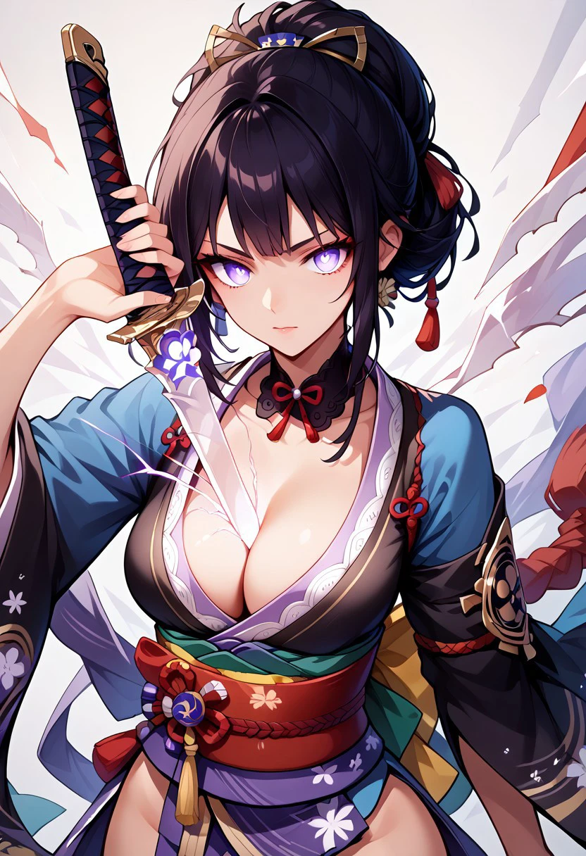score_9_up, score_8_up, score_7_up, source_anime, masterpiece, perfectly detailed, detailed face, detailed background, 1girl, complete clothes, BREAK,
Draw Weapon from chest, glowing weapon, holding weapon,
Cleavage, Weapon between breasts,
clothing cutout, cleavage cutout,
sword,
kimono, katana
