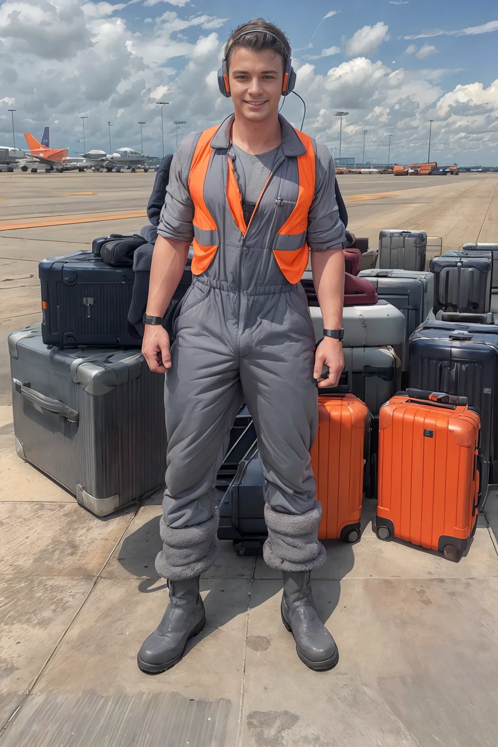 (airport tarmac), outdoors,  standing beside (stack of suitcases:1.3), smiling, NathanStyles is a (airport baggage handler), ((wearing gray coveralls)), orange hi-vis vest, (safety earmuffs:1.3), black boots, (((full body portrait))), wide angle <lora:NathanStyles:0.8>   <lora:100_Workgear_Lora_v1.3:0.2>