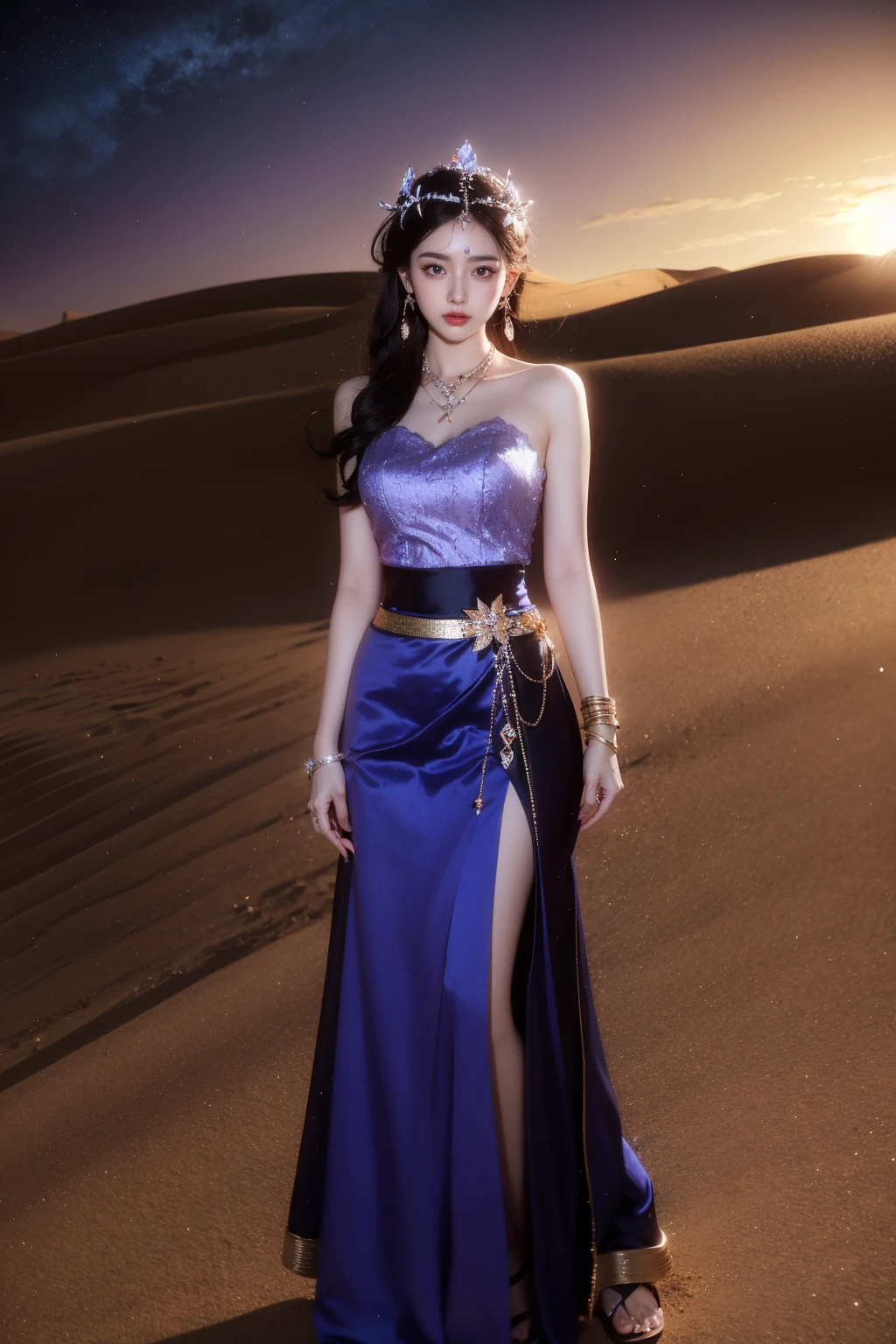 photorealistic,realistic,photography,masterpiece,best quality,ultra-detailed,extremely detailed CG unity 8k wallpaper,(reality: 1.4),1girl,solo, full body,standing,skirt,black hair,hair ornament,jewelry,earrings,necklace,bracelet,ring,long skirt,sand,desert,purple princess, Western Regions, <lora:JAY - PRINCESS WESTEM REGIONS:1>