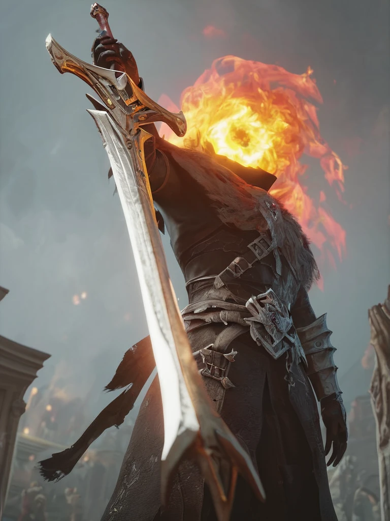 lord_of_frenzy, fire head, score_6_up, holding sword, score_9, 3D