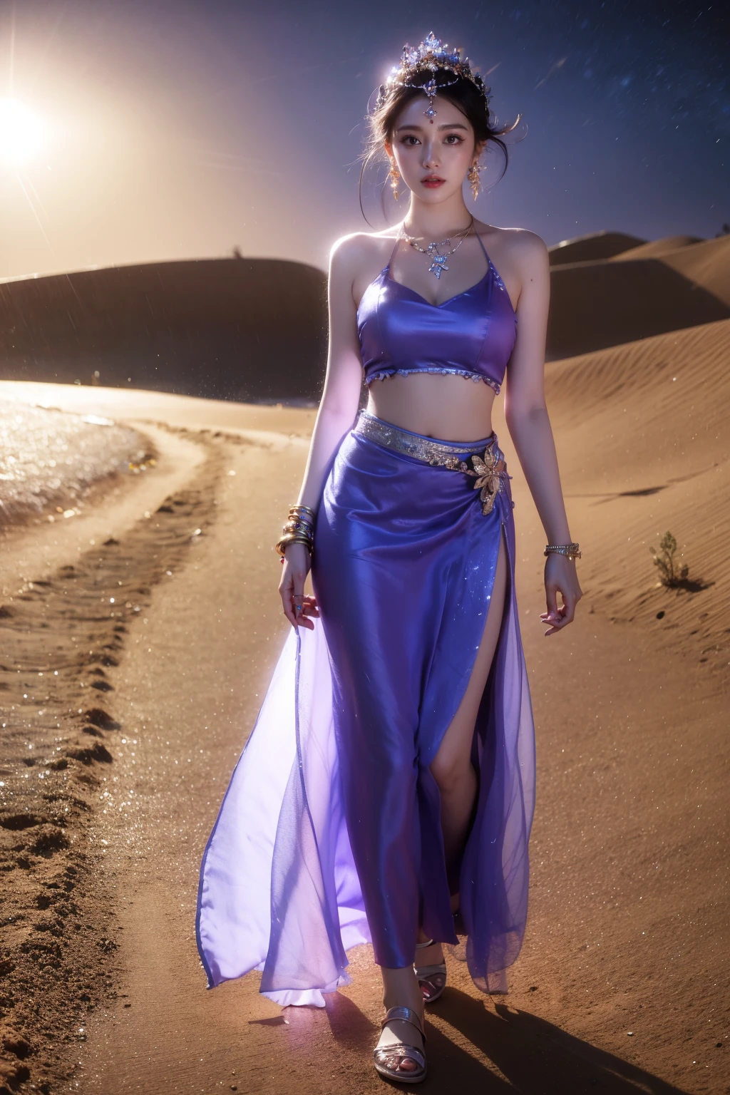 photorealistic,realistic,photography,masterpiece,best quality,ultra-detailed,extremely detailed CG unity 8k wallpaper,(reality: 1.4),1girl,solo, full body,standing,skirt,black hair,hair ornament,jewelry,earrings,necklace,bracelet,ring,long skirt,sand,desert,purple princess, Western Regions, <lora:JAY - PRINCESS WESTEM REGIONS:1>