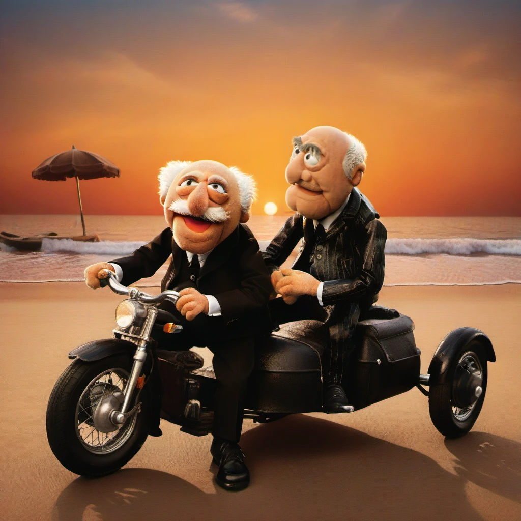 full body portrait of 2 old bald muppets, one with mustache, black leather jacket, riding harley davidson sidecar, beach, sunset  <lora:StatlerWaldorf1024-000120:0.9>