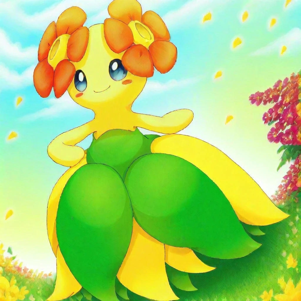 score_9, rating_safe, solo, pokemon (creature), no humans, hair flower, red flower, skirt, blue eyes, bald, smile, hand on hip, outdoors, grass, on grass, sky, light ray, light particle