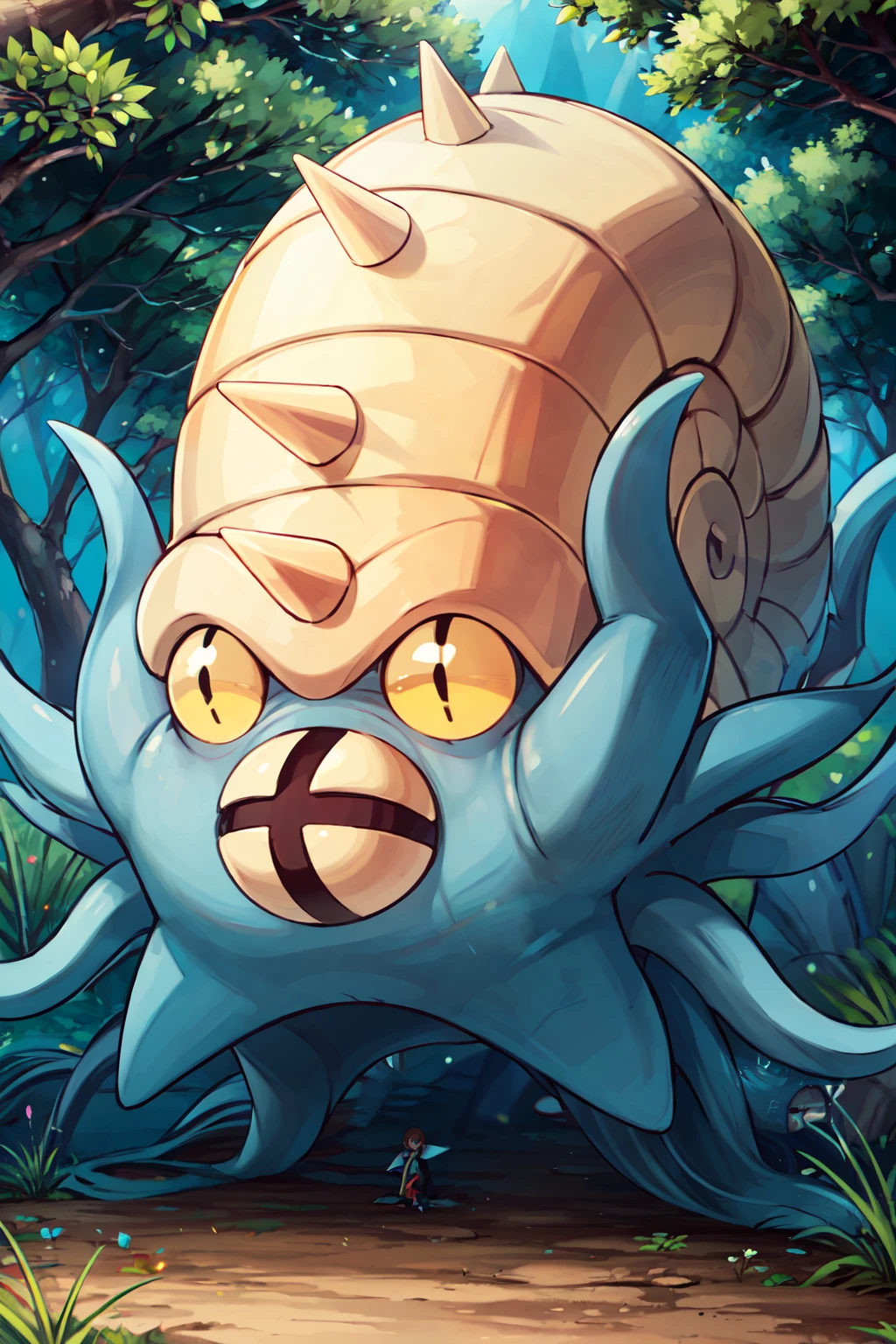 ((masterpiece,best quality)), absurdres,   <lora:OmastarPokemon:0.7>,   zzOmastar, source anime, trees, forest, ground, dirt, plants, sitting,