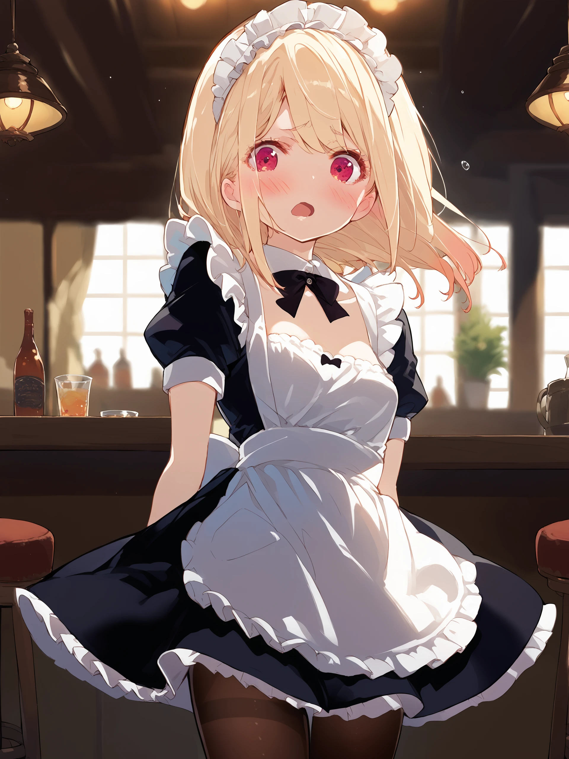 1girl, amane lily, solo, maid, maid headdress, maid apron, embarrassed, pantyhose, open mouth, blush, parted lips, looking at viewer, cowboy shot, bar \(place\), indoors, depth of field score_9, score_8_up, score_7_up, source_anime,  <lora:Char-AmaneLily-Pony-V1:1> small breasts