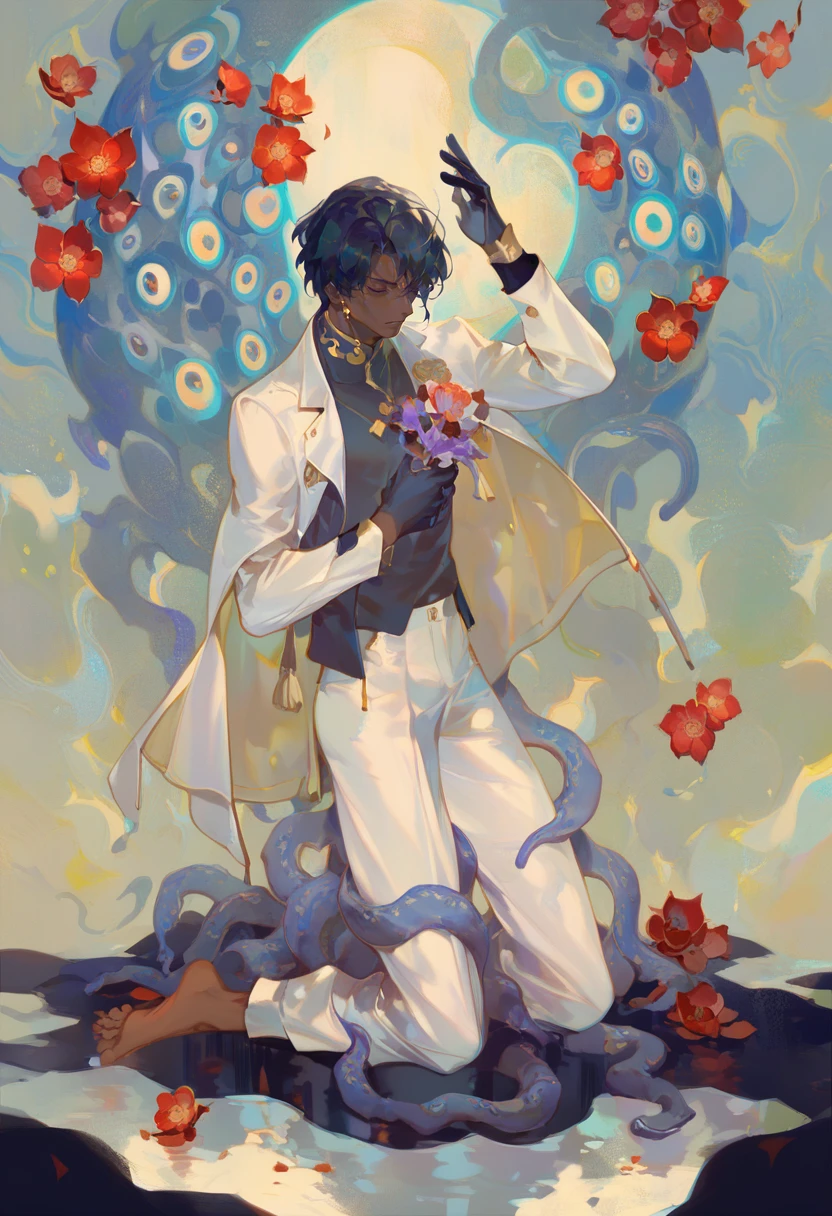 score_9, score_8_up, score_7_up, score_6_up <lora:reiXL_AutC_lokr_V43P1:0.95> 1boy, male focus, arjuna \(fate\), black hair, dark skin, gloves, dark-skinned male, solo, kneeling, flower, white pants, short hair, red flower, pants, holding, full body, closed eyes, long sleeves, barefoot, shirt, black gloves, white jacket, tentacles, abstract background, bishounen, abstract, jewelry, jacket, surreal