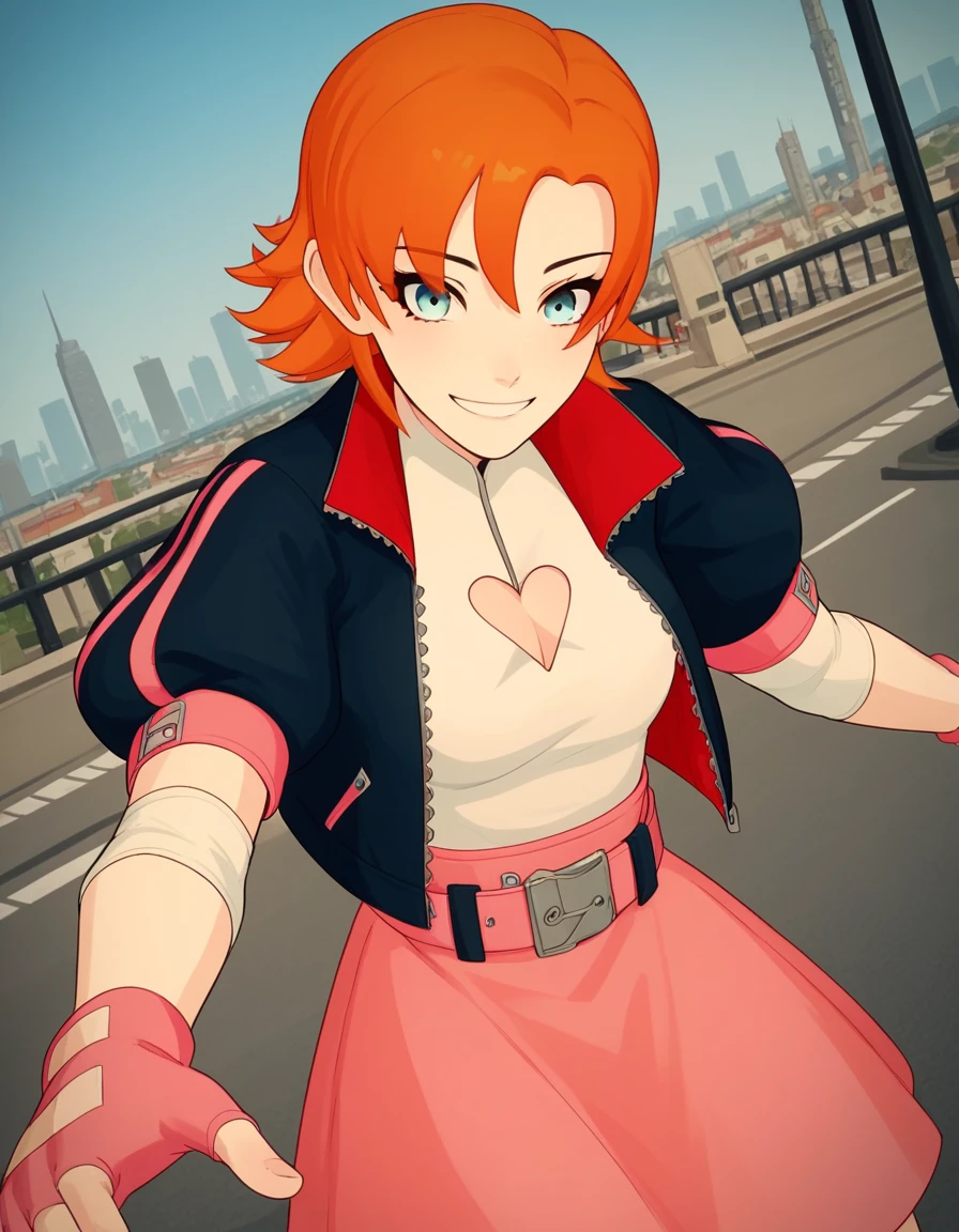 score_9, score_8_up, score_7_up, source_anime, <lora:nora-valkyrie-ponyxl-lora-nochekaiser:1>, nora valkyrie, blue eyes, medium hair, orange hair,, skirt, shirt, gloves, jacket, short sleeves, open clothes, puffy sleeves, belt, fingerless gloves, open jacket, puffy short sleeves, clothing cutout, cleavage cutout, pink skirt, pink gloves, heart cutout, cityscape, street, bent over, smile, looking at viewer, solo, cowboy shot, dutch angle