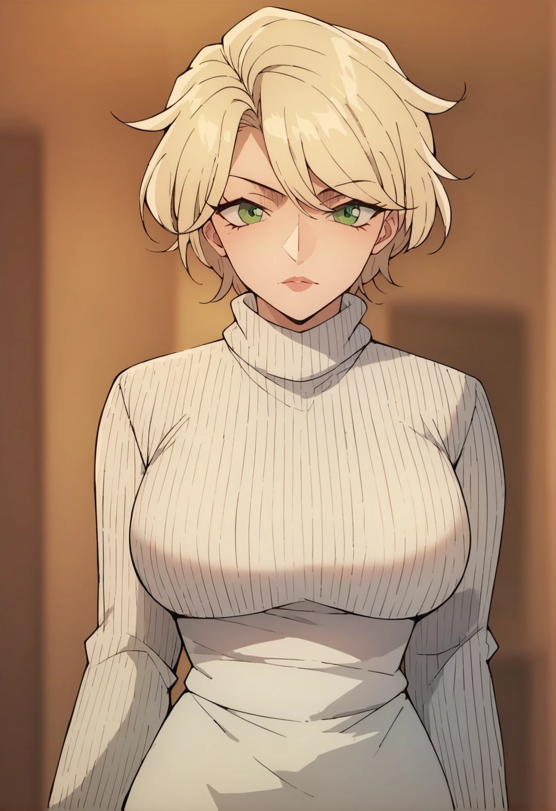 score_9, score_8_up, score_7_up, score_6_up, Light Outline, 
((1girl,solo,Portrait,front view,milf,Mature woman)),
 large breasts, thin thighs,thin hips,thin waist,
Mary Akai,blonde hair, green eyes, short hair, White sweater, long sleeves,  
(blurry background, ),
 <lora:PONY_Mary_Akai_Anime_Detective_Conan:0.8>