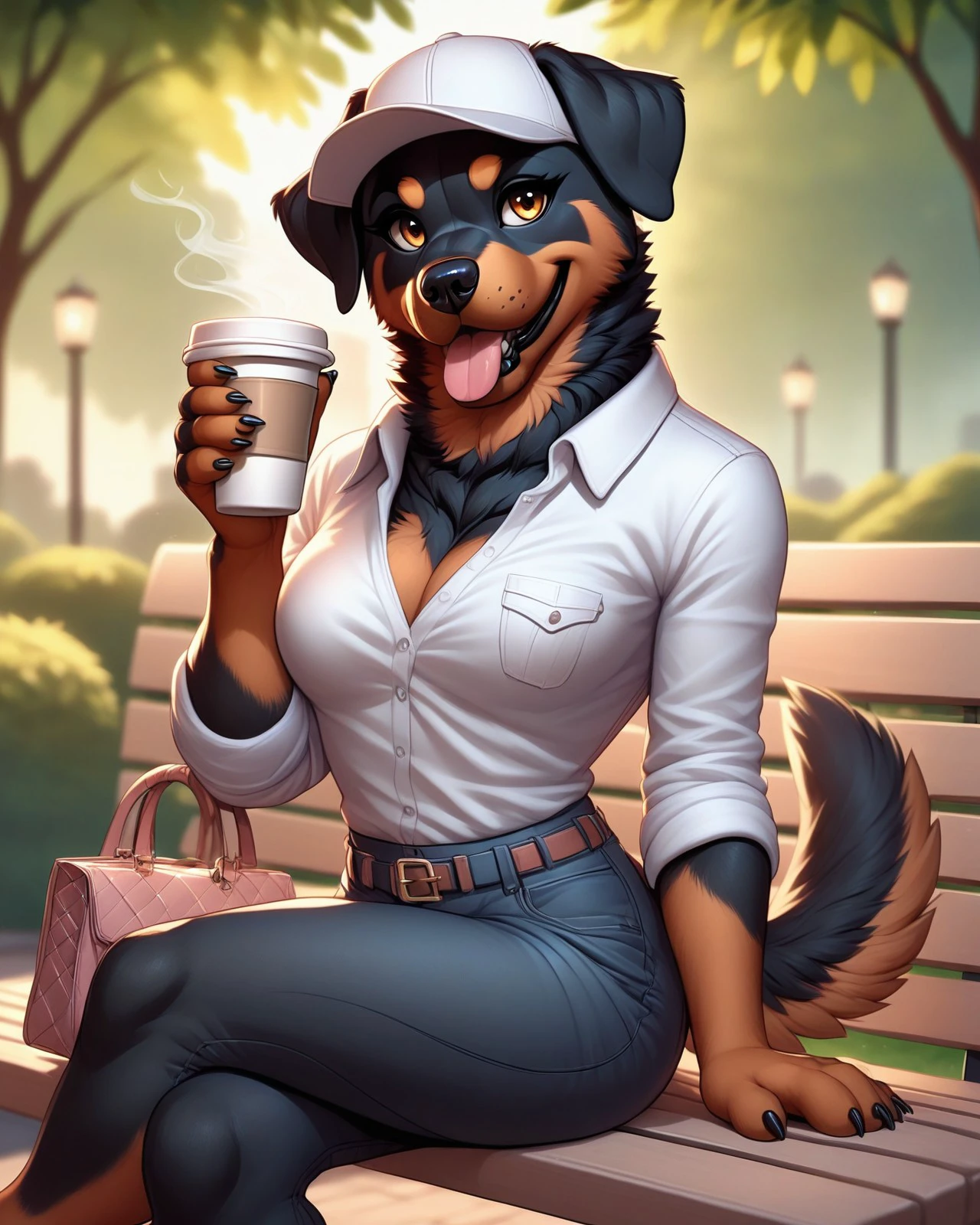 score_9,score_8,score_7,source_furry,
<1girl:1.5>,
<solo:1.5>,
Rottweiler_Anthro, Rottweiler, tail, furry, hat, animal ears, shirt, sitting, cup, bench, dog ears, dog tail, solo, disposable cup, tongue, female focus, blurry background, holding, blurry, baseball cap, coffee cup, outdoors, dog girl, bag, tongue out, tree, breasts,tits,
 <lora:Rottweiler_Pony_SDXL:1> rottweiler_anthro