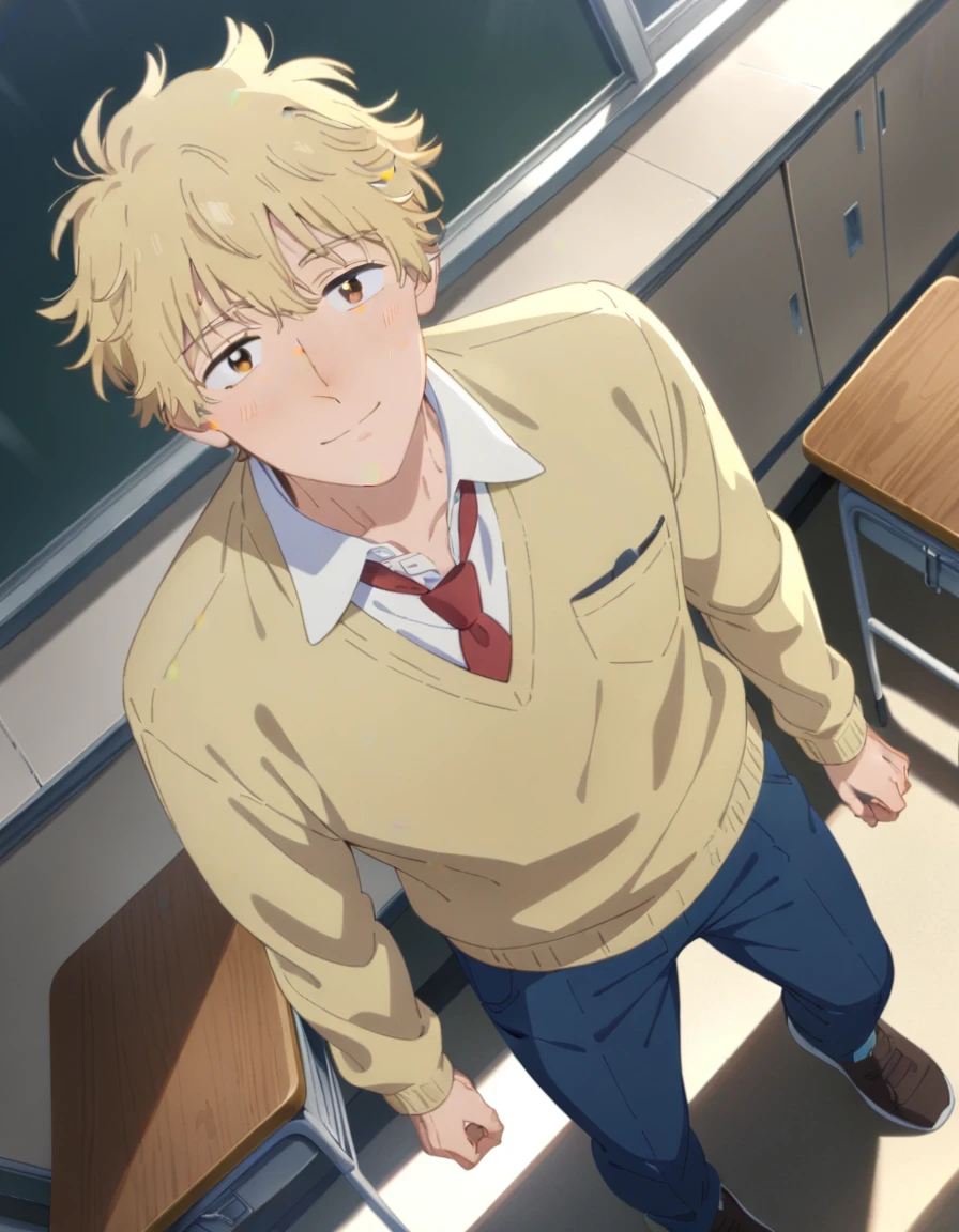 1boy, solo, male focus, full body, shima sousuke, blonde hair, brown eyes, yellow sweater, blue pants, collared shirt, white shirt, red necktie, outdoors, looking at viewer, classroom, school desk, masterpiece, best quality, very aesthetic, absurdres, very detailed, sensitive,