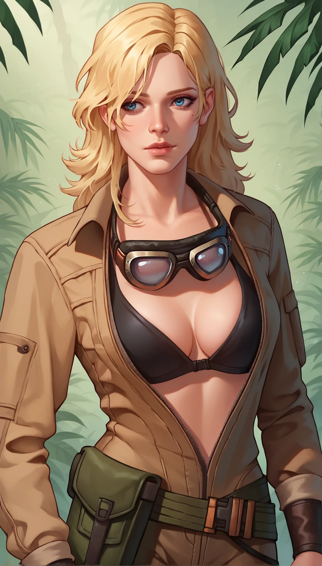 score_9, score_8_up, score_7_up, score_6_up,
<lora:Eva_-_Metal_Gear_Solid_3:1> 3vamgs3, 1girl, blonde hair, jumpsuit, goggles around neck, jungle background