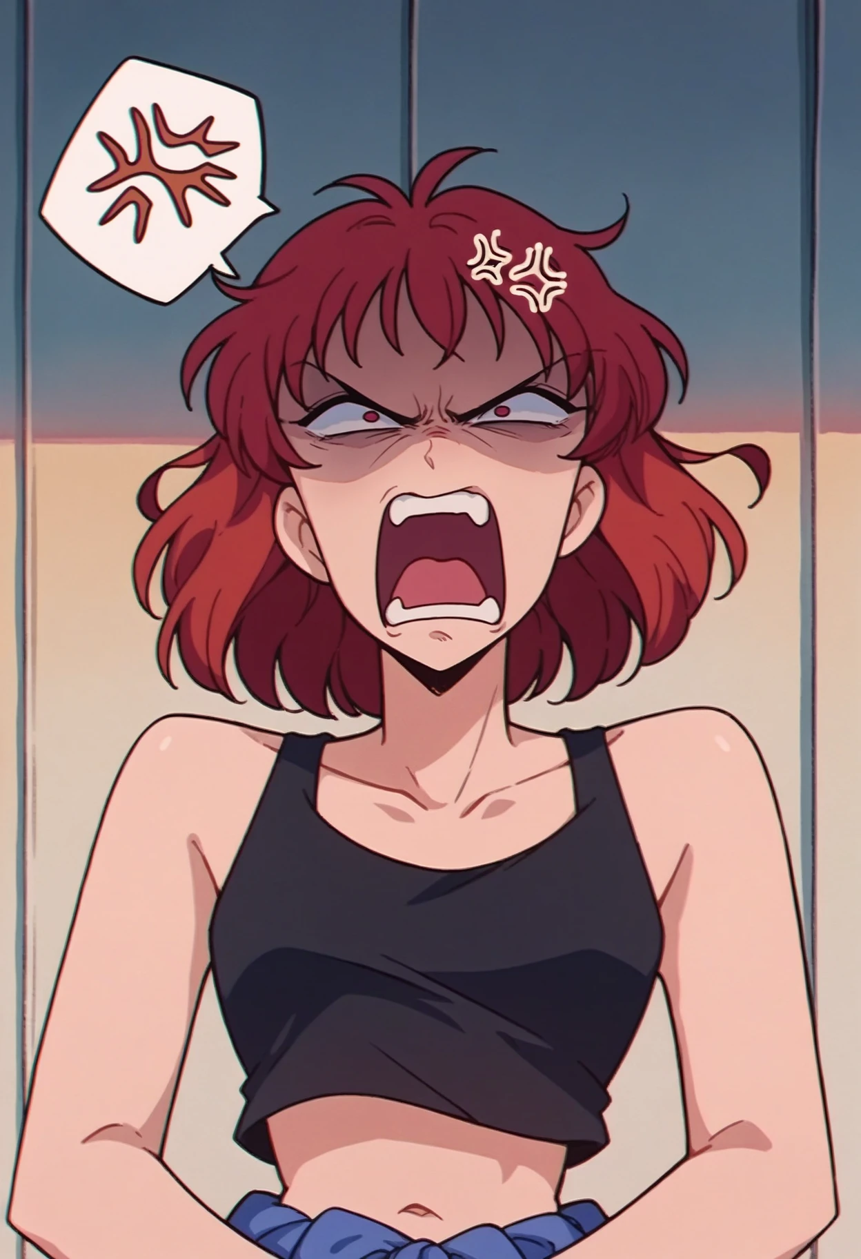 score_9, score_8_up,score_7_up, source_anime, <lora:SlrmnRtr_pdxl_EliPot:1>, 1girl, solo,
 black tank top, portrait, shaded face, angry, screaming, anger vein, spoken anger vein,