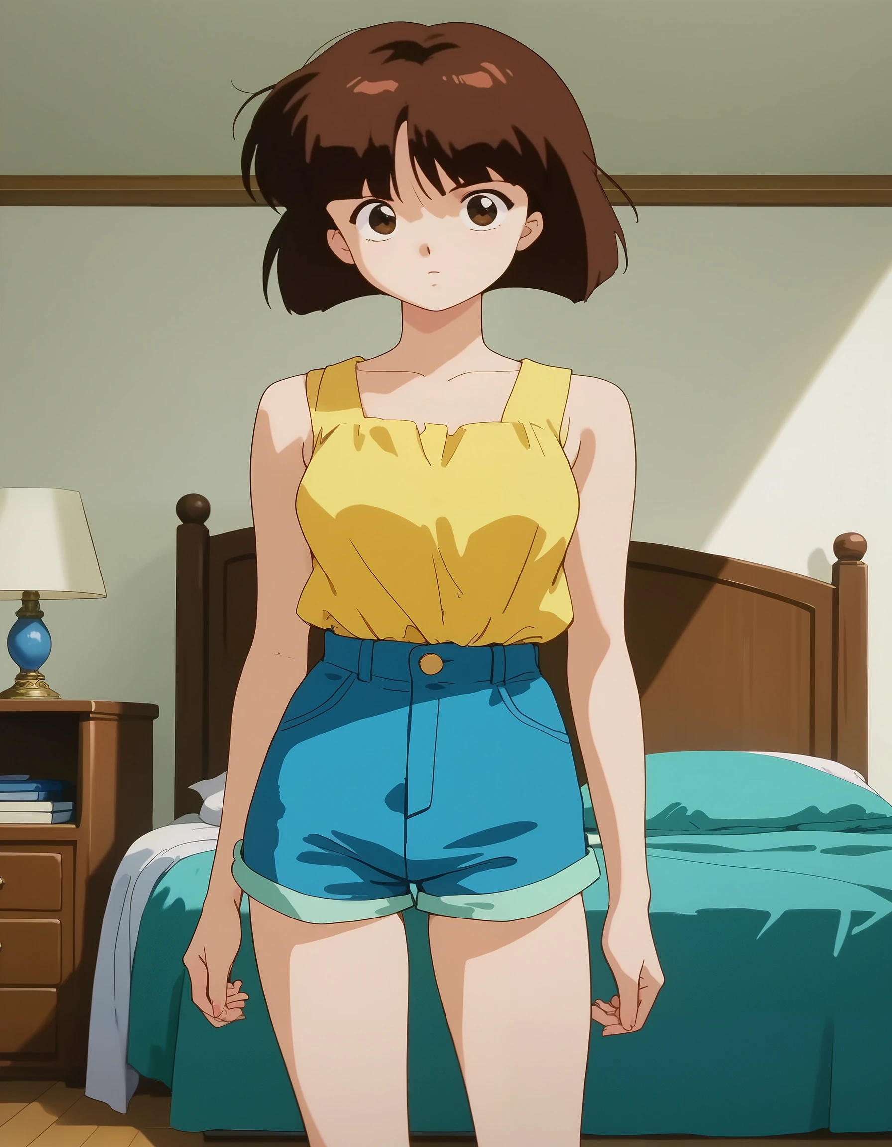 score_9, score_8_up, score_7_up, masterpiece, absurdres, source_anime, (perfect anatomy),

1girl, solo, NabikiTendo, short hair, brown hair, bob cut, brown eyes,

yellow blouse, sleeveless, shorts, blue shorts,

indoors, bedroom, standing up,