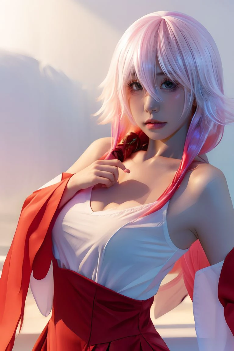 1girl, solo, medium breasts, looking at viewer, realistic, photorealistic, long hair, pink hair, lips, hair between eyes, bare shoulders, hair ornament, yuzuriha inori, parted lips,  hyper detailed, super sharp, crisp, smooth, smooth gradients, depth of field, (in studio: 1.1), (white background: 1.1), <lora:nekoyoshi_guiltycrown:1>, <lora:breastsizeslideroffset:-0.25>, <lora:add_detail_v5:1>, guilty crown, red dress, white shirt