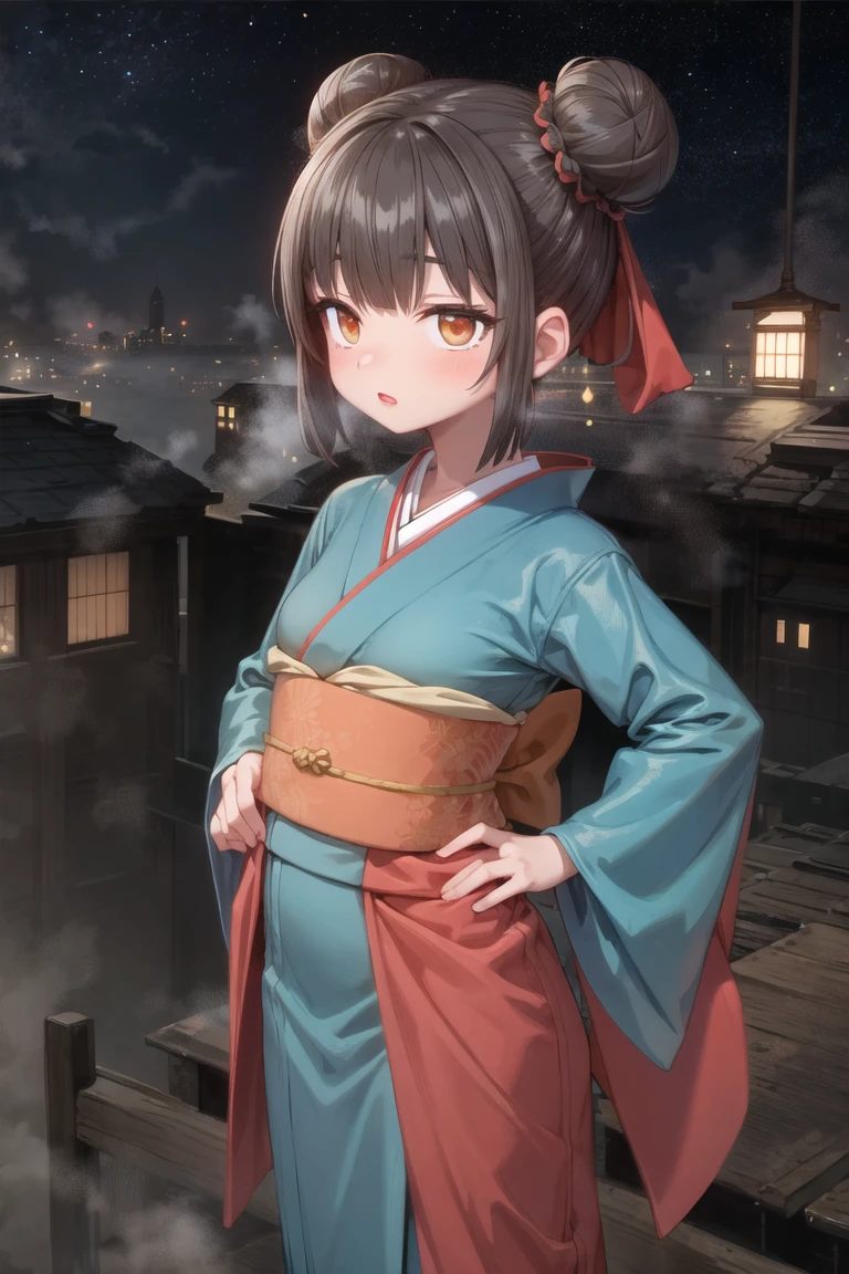 (masterpiece, best quality:1.2), 1girl, solo, cowboy shot,
on top of a building, at night, (heavy fog:1.3) and bright stars,
wearing a kimono,  hands on hips, 
lipstick, eyeshadow, (short hair:1.1), (double bun hair:1.1), (oily skin:1.1), 
<lora:sumiyao-10:0.7:lbw=ALL>