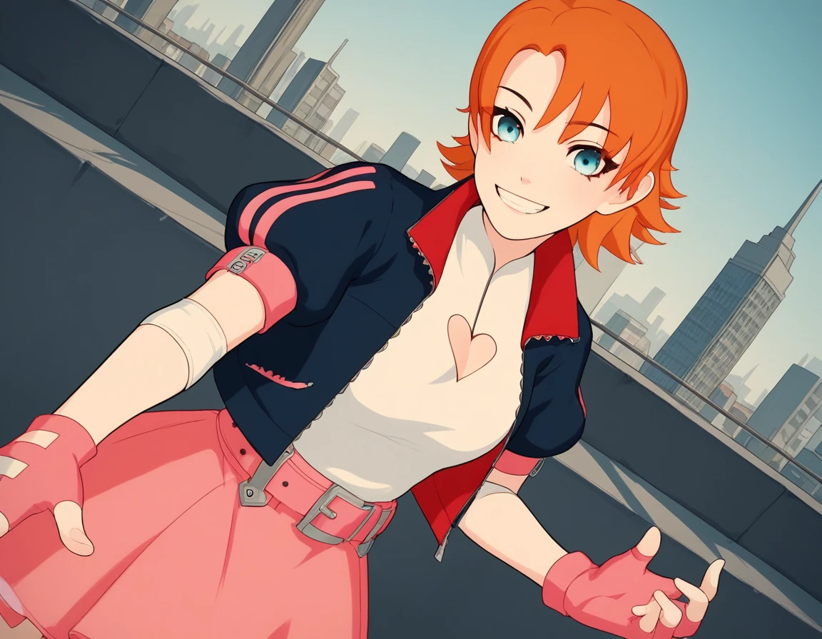 score_9, score_8_up, score_7_up, source_anime, <lora:nora-valkyrie-ponyxl-lora-nochekaiser:1>, nora valkyrie, blue eyes, medium hair, orange hair,, skirt, shirt, gloves, jacket, short sleeves, open clothes, puffy sleeves, belt, fingerless gloves, open jacket, puffy short sleeves, clothing cutout, cleavage cutout, pink skirt, pink gloves, heart cutout, cityscape, street, bent over, smile, looking at viewer, solo, cowboy shot, dutch angle