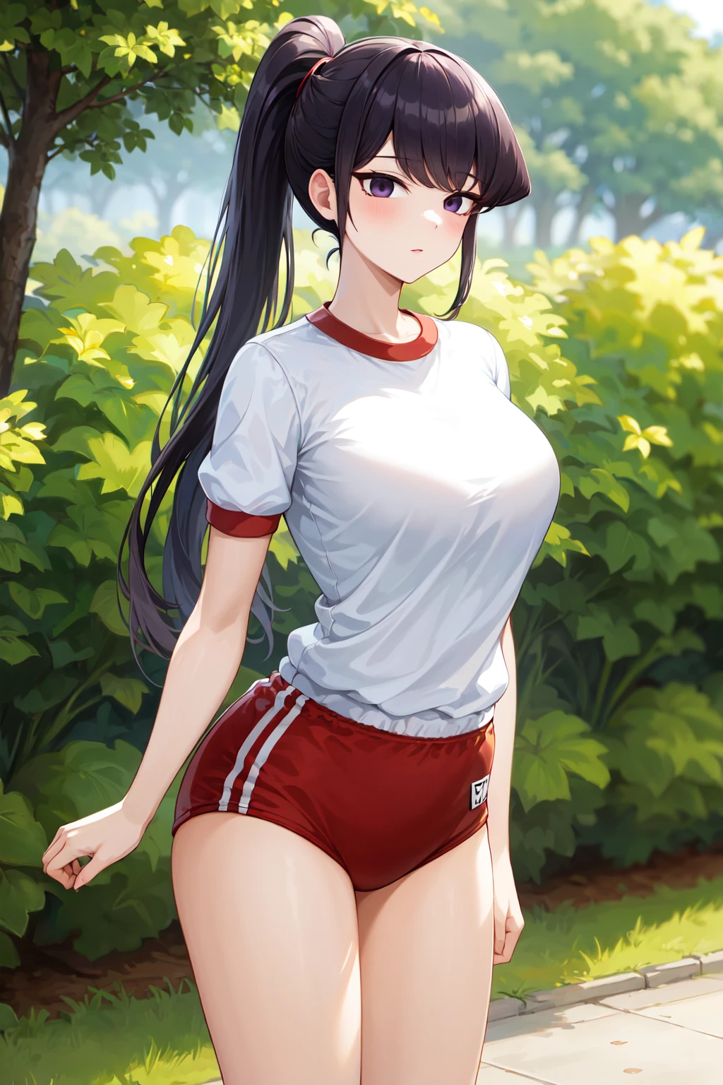 masterpiece, best quality, highres, aashouko, long hair, ponytail, breasts, gym uniform, gym shirt, white shirt, short sleeves, red buruma, <lora:komi_shouko_v1:0.7>, standing, outdoors,