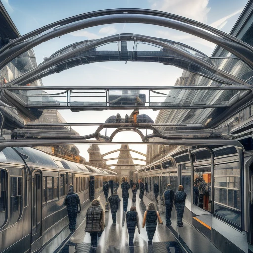 from behind, science fiction, outdoors, sky, multiple boys, multiple girls, ground vehicle, train station