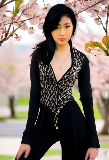 young asian 20 years old voluptuous woman wearing a v-neck shirt with long sleeves with elegant pants, she has some curves, she has black hair falling down her shoulders, the background is blurred but there are cherry blossom trees