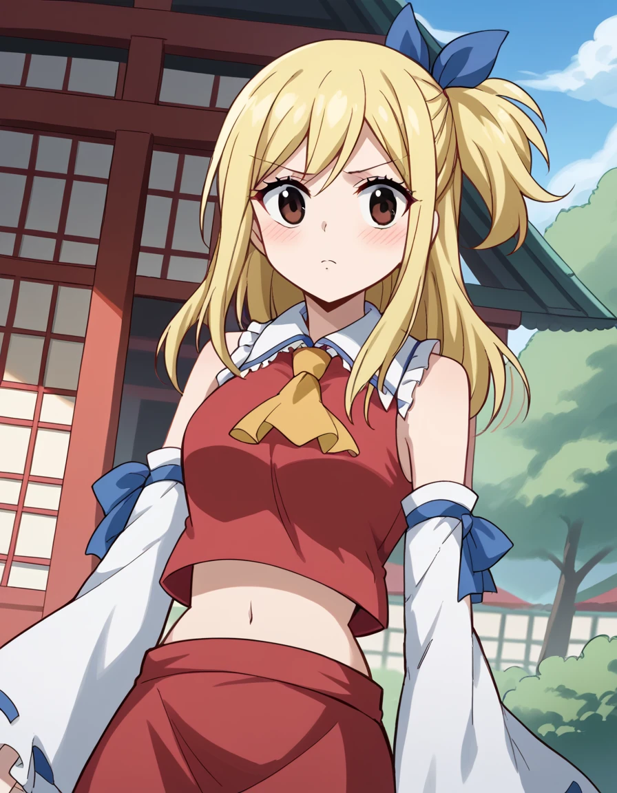 score_9, score_8_up, score_7_up, source_anime, lucyheartfilia, <lora:lucy-heartfilia-s7-ponyxl-lora-nochekaiser:1>, lucy heartfilia, blonde hair, brown eyes, long hair, one side up, ribbon, hair ribbon, blue ribbon,, <lora:hakurei-reimu-cosplay-ponyxl-lora-nochekaiser_r1:1>, hakureireimucosplay, hakurei reimu \(cosplay\), ascot, bare shoulders, detached sleeves, frilled bow, frilled shirt collar, frilled skirt, frills, midriff peek, red skirt, red shirt, sleeveless, sleeveless shirt, white sleeves, yellow ascot,, shrine, outdoors, blush,, cowboy shot, dutch angle, solo,