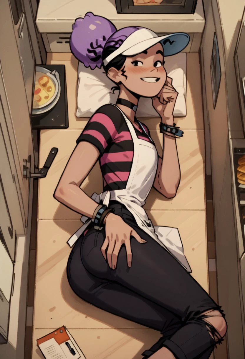 Score_9_up, score_8_up, score_7_up, Expressiveh, 1girl, solo, jokc, hair bun, purple hair, black hair, choker, bracelet, striped shirt, apron, visor hat, black pants, torn pants, laying on side, checkered floor, kitchen, ass focus, grabbing own ass, big ass, spreading cheeks, looking back at viewer, blushing, smile