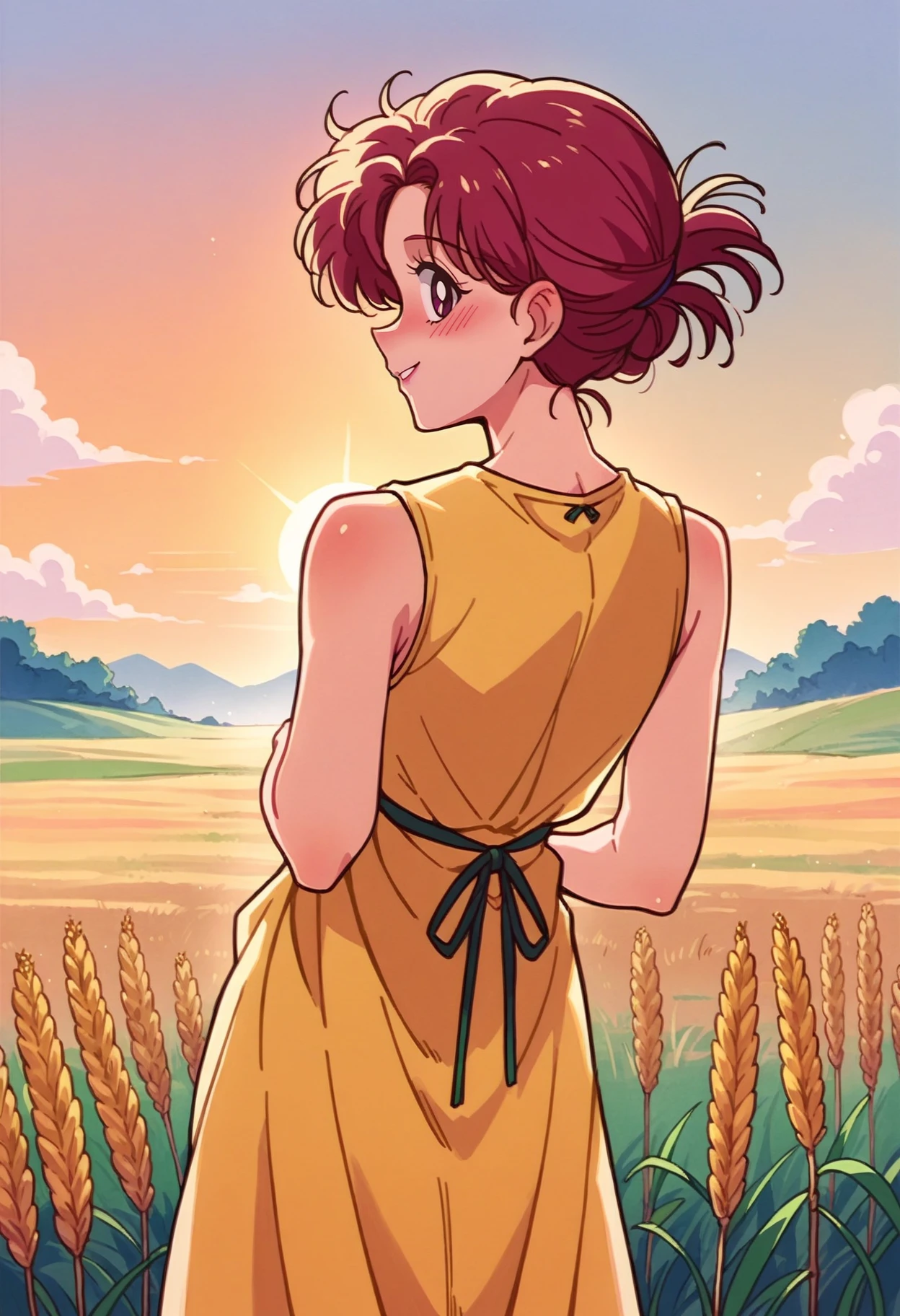 score_9, score_8_up,score_7_up, source_anime, <lora:SlrmnRtr_pdxl_EliPot:1>, 1girl, solo,
toned,yellow sundress, sleeveless,looking at viewer, smile, blush, hands behind, hands on dimples, leaning forward, parted lips, looking back, back,outdoors, wheat field, sunset