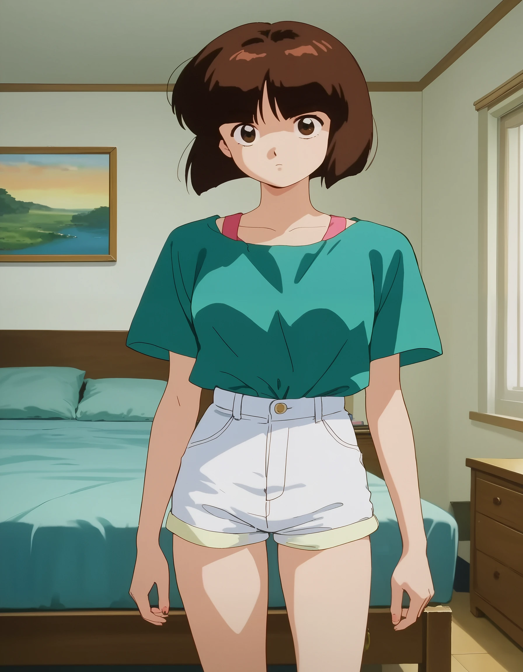 score_9, score_8_up, score_7_up, masterpiece, absurdres, source_anime, (perfect anatomy),

1girl, solo, NabikiTendo, short hair, brown hair, bob cut, brown eyes,

green shirt, shorts, white shorts,

indoors, bedroom, standing up,