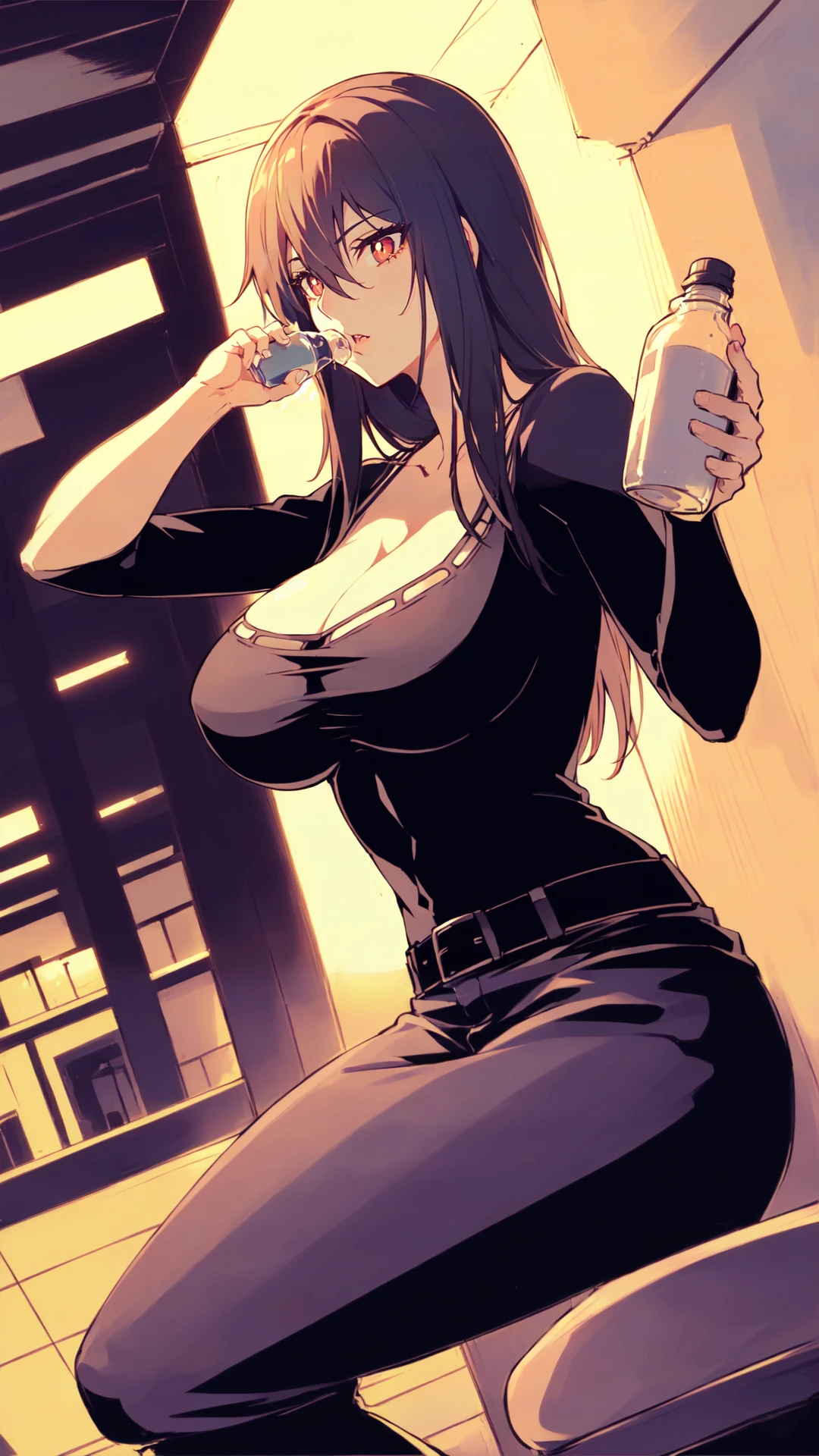 (((cowboy shot))), (((dynamic pose))), (((dynamic angle))), webtoon, anime, centered, solo, 1girl, 1woman, ((dark purple hair)), (((red eyes))), (((sitting))), hiya, vertical pupils, big breasts, (((holding bottle of milk))), breasts, long hair, ((black top)), denim pants, cleavage, belt, hair between eyes, ((indoors, modern city background)), 8k, 16k, trending on pixiv, fanbox, skeb, masterpiece, detailed face, digital painting, (best quality, ultra detailed), (detailed background:1.2), (perfect face, detailed face), (mature female:1.4), <lora:sd_v15_dpo_lora_v1:0.8>, <lora:hiyu:0.7>