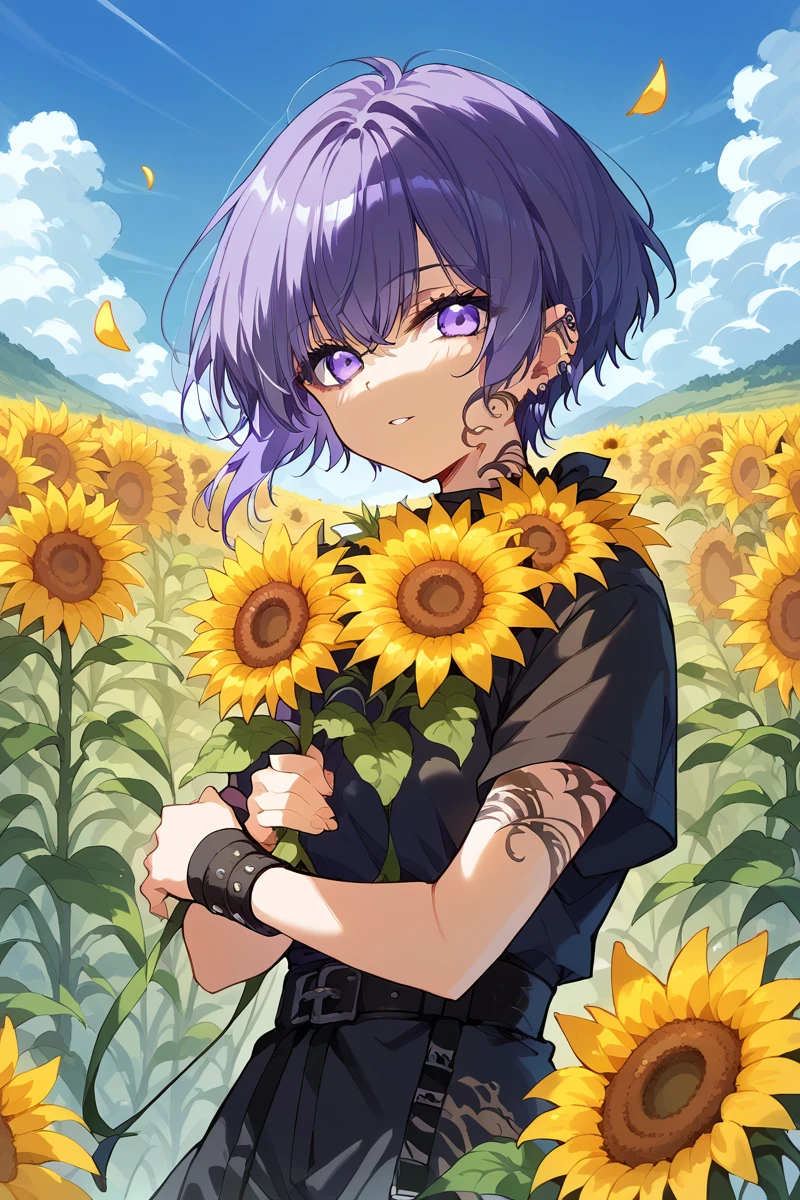 score_9, score_8_up, score_7_up, score_6_up, 1girl, solo,
<lora:Sophia:0.9> sophia, sunflower, flower, purple eyes, short hair, yellow flower, purple hair, outdoors, sky, holding, cloud, tattoo, looking at viewer, petals, dark clothes, short sleeves, wristbands