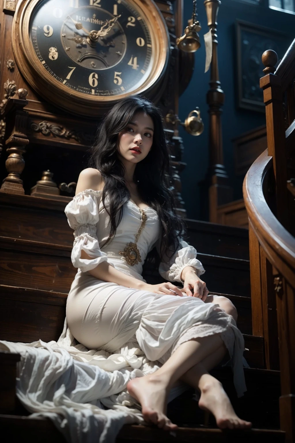 photorealistic,realistic,photography,masterpiece,best quality,ultra-detailed,extremely detailed CG unity 8k wallpaper,(reality: 1.4),1girl,solo,long hair,looking at viewer,black hair,long sleeves,dress,sitting,full body,barefoot,puffy sleeves,white dress,lips,stairs,realistic,clock,red lips,girl clock, <lora:JAY - Girl Clock:0.9>