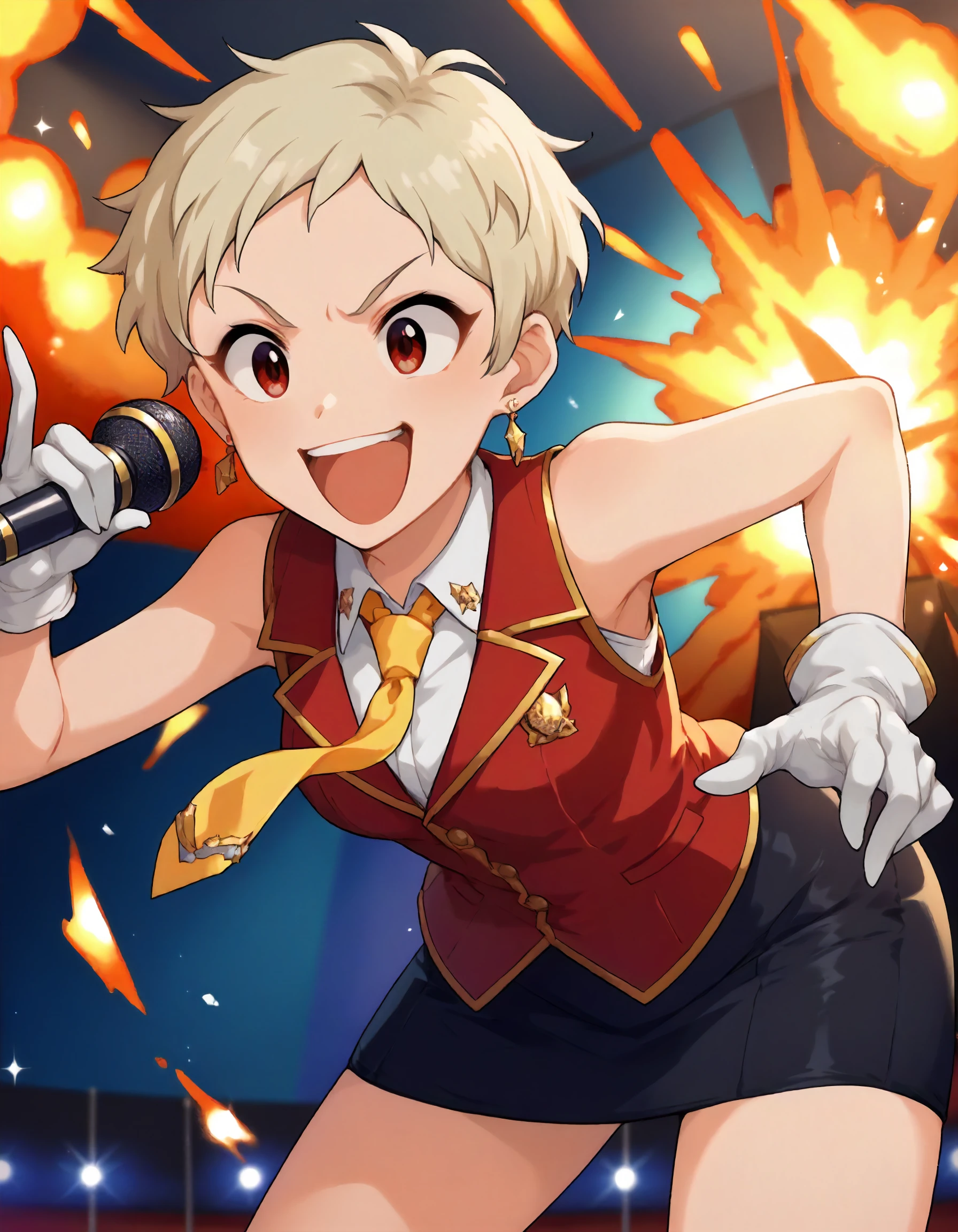 score_9,score_8_up,score_7_up,1girl,solo,happy,shouting,open mouth,
stage,explosion,holding microphone,leaning forward,explosion background,
<lora:senzakiema_ponyXLV6:0.7>,cgsem,blonde hair,very short hair,red eyes,earrings,red vest,sleeveless,yellow necktie,white gloves,black tight skirt