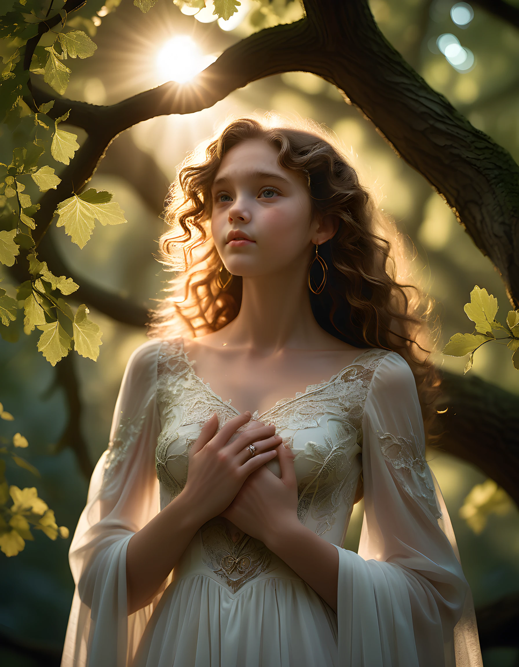 1girl, solo, looking_at_viewer, In a captivating tableau vivant of a surreal, dream-like scene, the camera, poised at an intimately low angle, focuses on Abby Boom - a woman with cascading brown curls adorned in an ethereal, flowing white gown with intricate silver embroidery, her eyes twinkling with warmth as they lock onto the viewer's. Her delicate fingers trace the edges of a heart-shaped locket that hangs from one earring, while her other hand rests gracefully on her chest, revealing a hint of her full, round breasts. The soft, golden sunlight filters through the tall, gnarled branches of an ancient oak tree, casting dappled light upon Abby's face and creating a halo effect around her. The background is a lush, verdant forest clearing, where the vibrant green leaves whisper secrets to the gentle breeze. The emotional tone of the image is serene, enchanting, and inviting, capturing an ethereal moment of connection between Abby Boom and the observer.