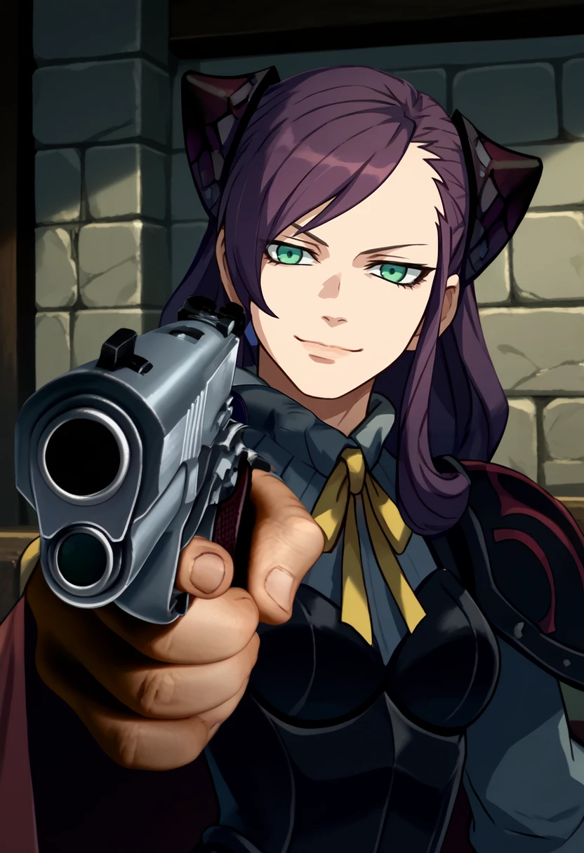 score_9, score_8_up, score_7_up, source_anime, upper body, solo, 1girl, eve belduke, evil smile, looking at viewer, holding weapon, handgun, holding gun, aiming at viewer, revolver, finger on trigger, purple hair, hairpods, green eyes, black armor, shoulder armor, yellow ribbon, neck ribbon, indoors, stone wall <lora:laytonVSpw_darklaw_ponyXL:1> <lora:HandPointingAGunMeme_XLPD:1>