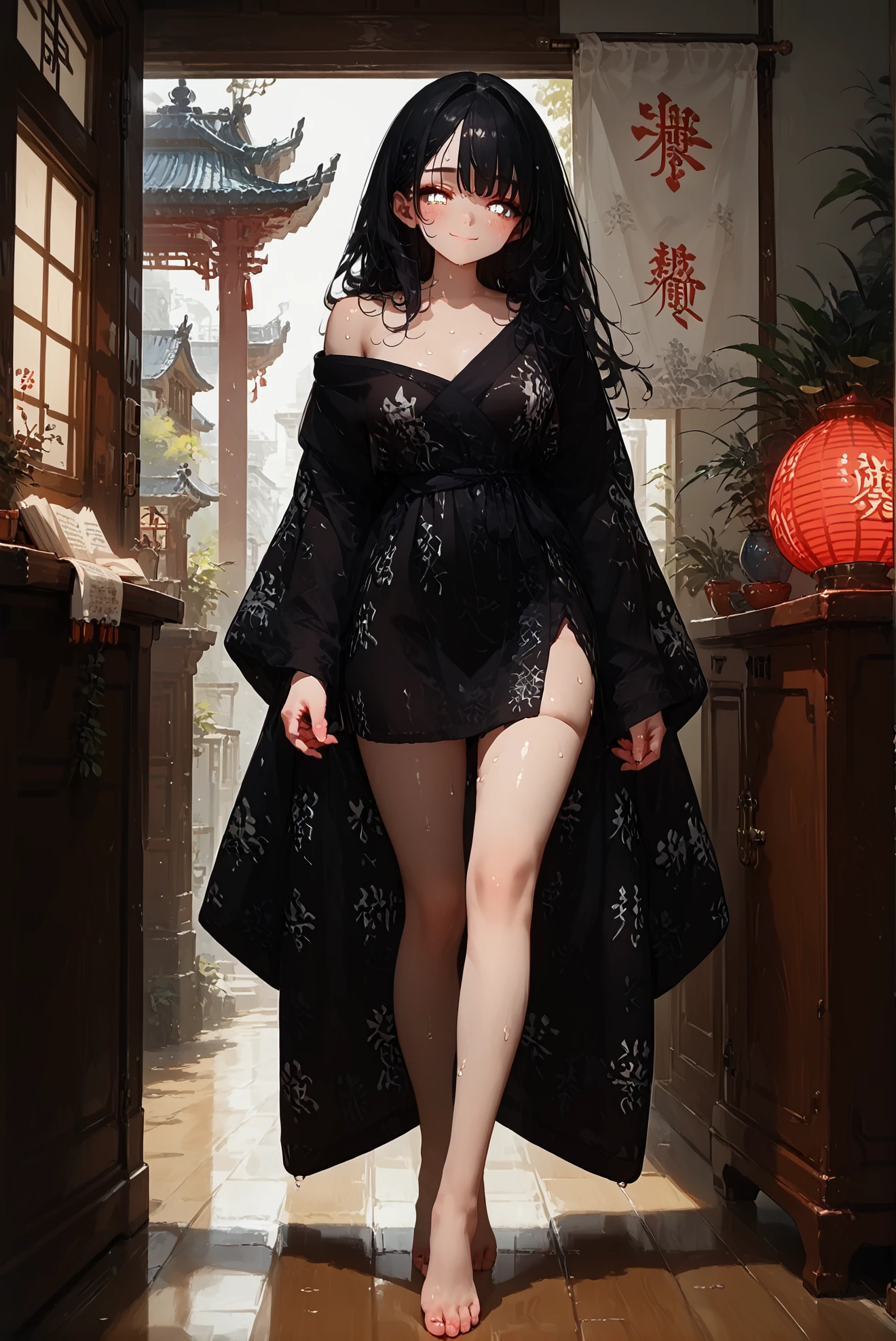 hanfu01,(light smile:0.7),Expressiveh,NSFW,
1girl,long hair,black hair,solo,full body,looking at viewer,off shoulder,read description,
closed mouth,blush,seductive_smile,indoor,patio,chinese architecture,(glowing eyes:0.5)),g0thicPXL,glowing,neon,,,,,score_9,score_8_up,score_7_up,score_6_up,score_5_up,score_4_up,ultra detailed,minomi,sweaty skin,shiny skin,prefect face,looking at viewer,HD32k,<lora:GK-pony-hanfuwenzi:0.8>,<lora:PONY_Expressive_H-000001:0.8>,<lora:Concept Art Twilight Style SDXL_LoRA_Pony Diffusion V6 XL:0.8>,<lora:g0th1cPXL:0.3>