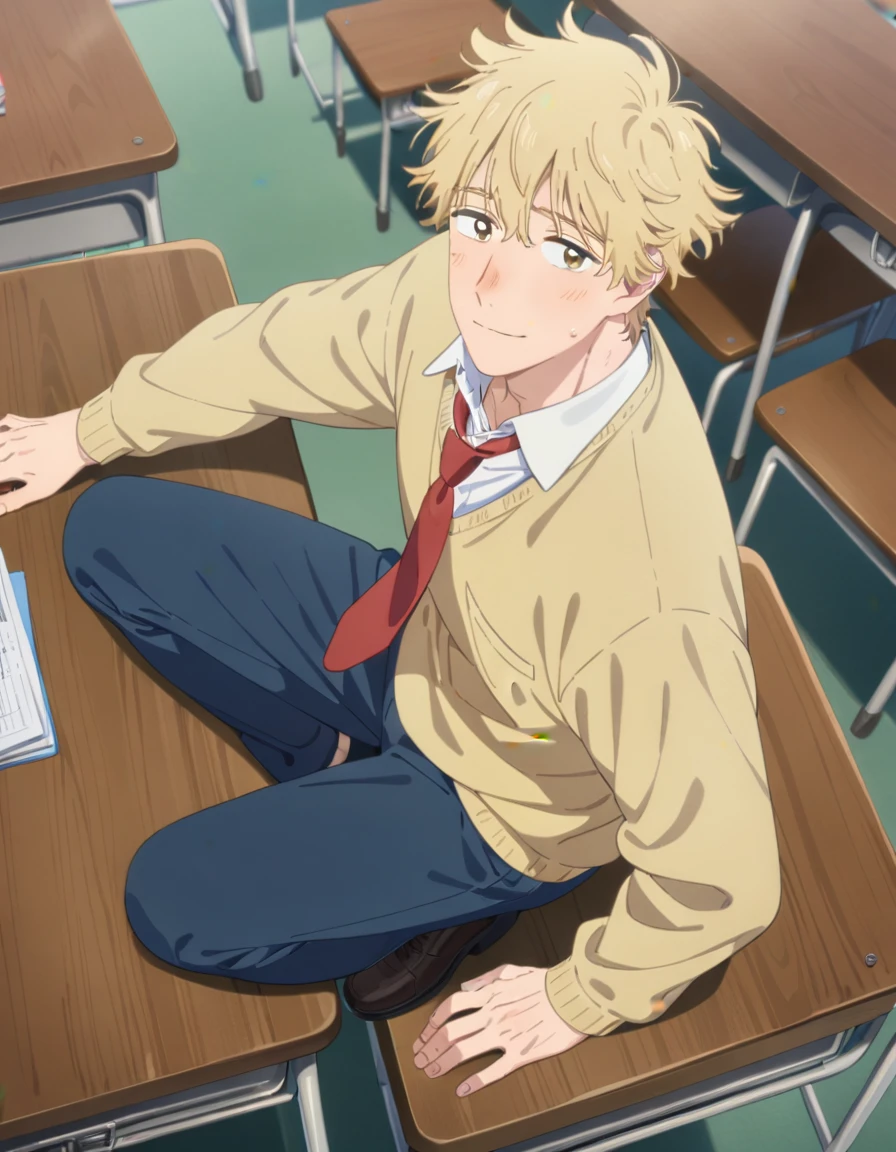 1boy, solo, male focus, full body, shima sousuke, blonde hair, brown eyes, yellow sweater, blue pants, collared shirt, white shirt, red necktie, outdoors, looking at viewer, classroom, school desk, masterpiece, best quality, very aesthetic, absurdres, very detailed, sensitive,