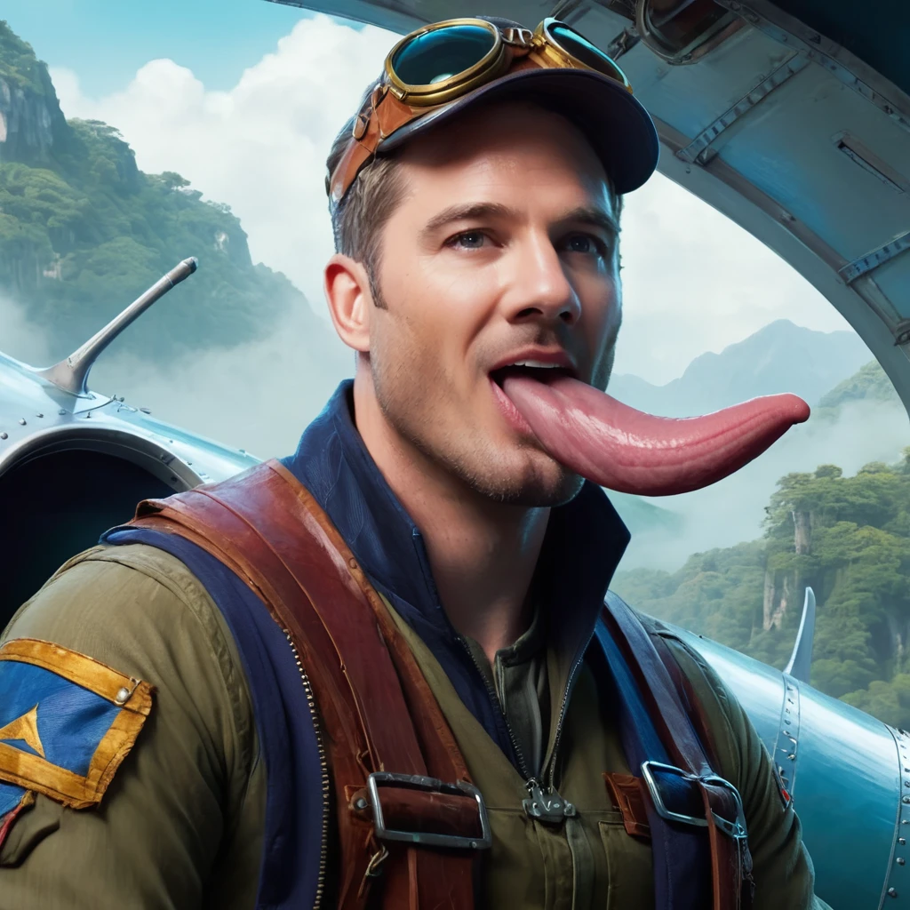 concept art half body photo of l4k3m4c a man, (long tongue out:1.2), Fairy tale Aviator in plane, . Magical, fantastical, enchanting, storybook style, highly detailed, looking at camera,  <lora:lukemacfarlane:1>,  <lora:tong101:.7> . digital artwork, illustrative, painterly, matte painting, highly detailed