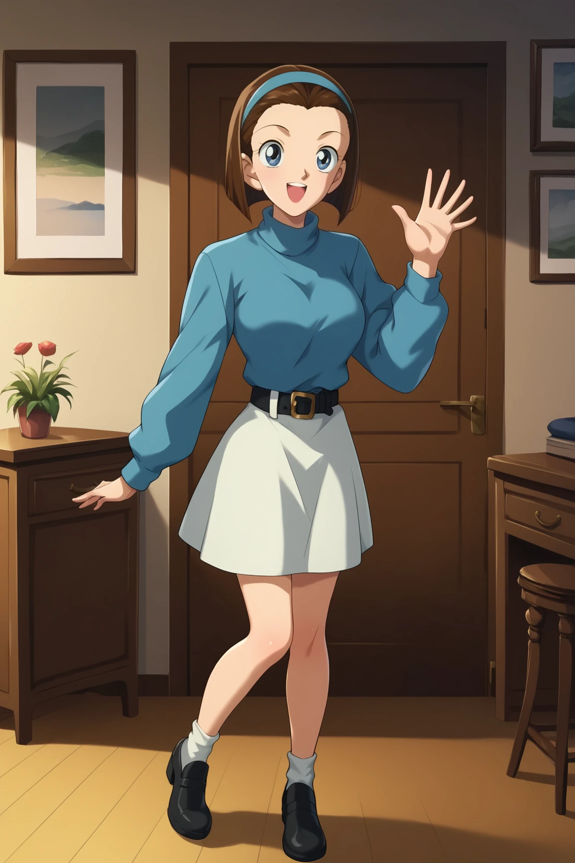 score_9, score_8_up, score_7_up, score_6_up, BREAK, SonokoSuzukiDCXL, 1990s (style), blue eyes, brown hair, short hair, bob cut, forehead, blue hairband, medium breasts, turtleneck, blue sweater, long sleeves, black belt, white skirt, black shoes, solo, full body, standing, waving, seductive smile, looking at viewer, indoors  <lora:SonokoSuzukiDCXL:0.8>