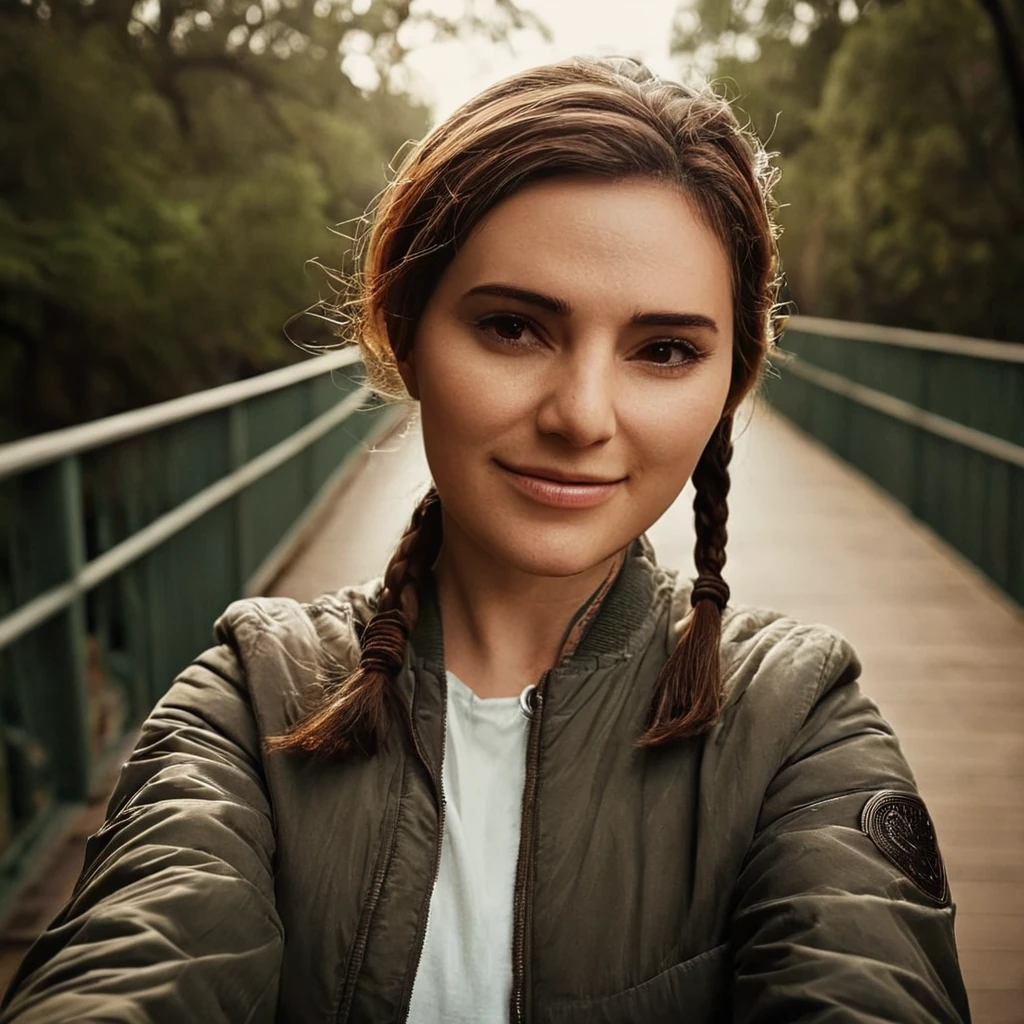 cinematic film still of  <lora:hon3y2:1>
 <lora:eyetune:0.5>
 <lora:perfection style:1>
hon3y2 a woman taking a selfie with a bridge in the background, movie themed, sharp, detailed, epic cinematic style, artistic creative style, dramatic light style, cinematic color style, Kodak film style, hon3y2 style, general, 1girl, solo, long hair, looking at viewer, smile, brown hair, long sleeves, brown eyes, upper body, braid, outdoors, tree, tattoo, realistic, selfie, photo background, jacket, reaching towards viewer, wrinkly, shallow depth of field, vignette, highly detailed, high budget, bokeh, cinemascope, moody, epic, gorgeous, film grain, grainy