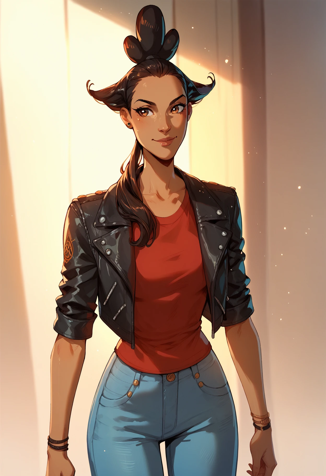 score_9, score_8_up, score_7_up, score_6_up, score_5_up, score_4_up, Clio, 1girl, brown eyes, black hair, leather jacket, red t-shirt, jeans, ponytail over shoulder