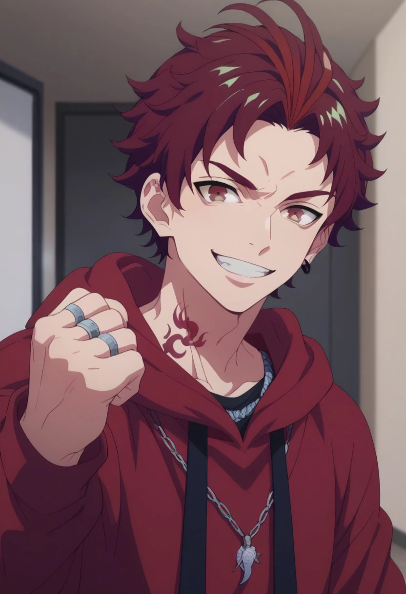 score_9, score_8_up, score_7_up, source_anime, highly detailed, 
allen, 1boy, male focus, solo, jewelry tattoo, smile, red hair, hood, looking at viewer,
ring, red eyes, earrings, grin, red hoodie, hoodie, anime coloring, hand up, hood down, clenched hand,
indoor,